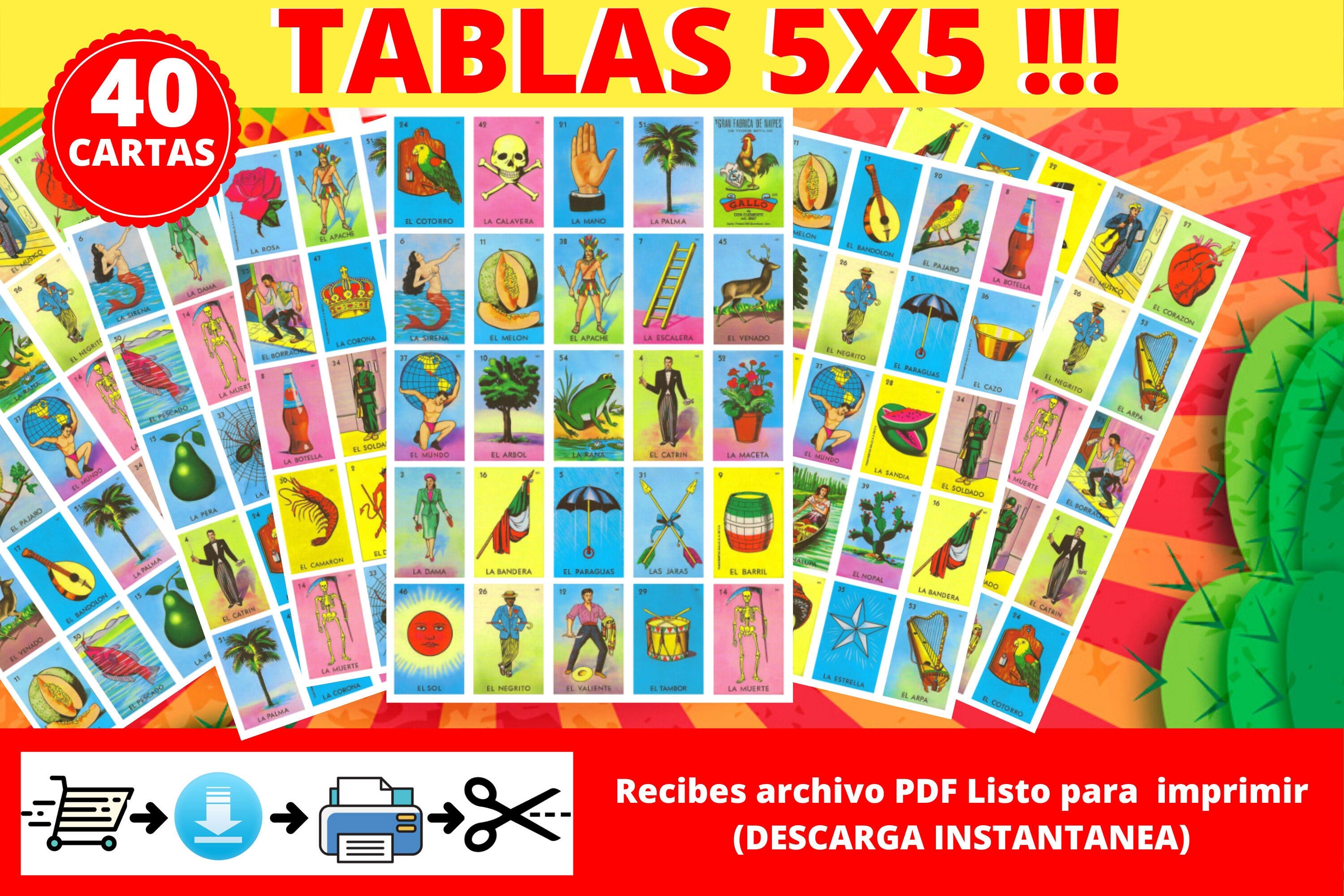 Mexican Loteria Game Cards Printable PDF INSTANT DOWNLOAD Digital File Ready To Print at Home. Loteria Mexicana Tradicional Descargable.