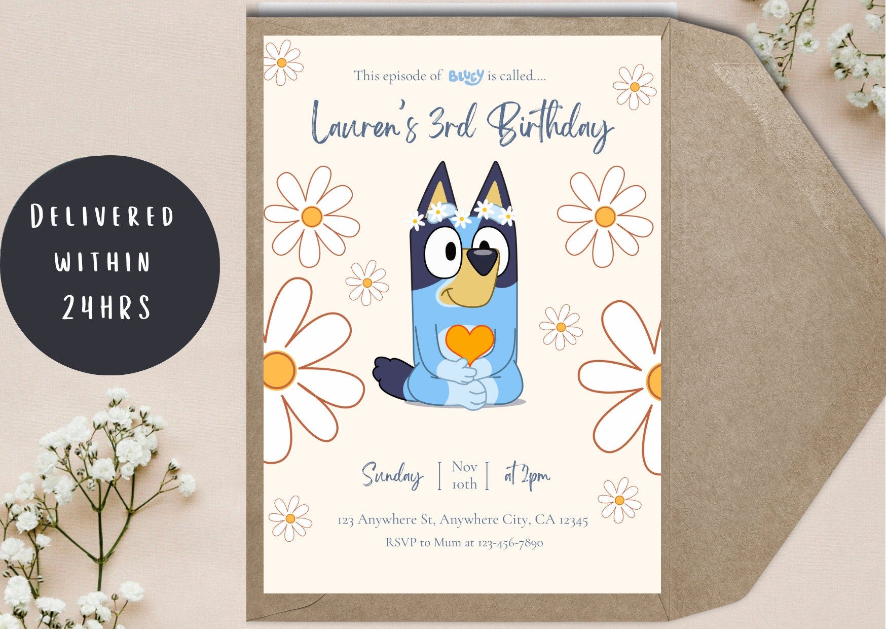 Bluey Birthday Invitation// Bluey Party Theme// Bluey Flower Crown// Cute Bluey Birthday Invitation// Bluey