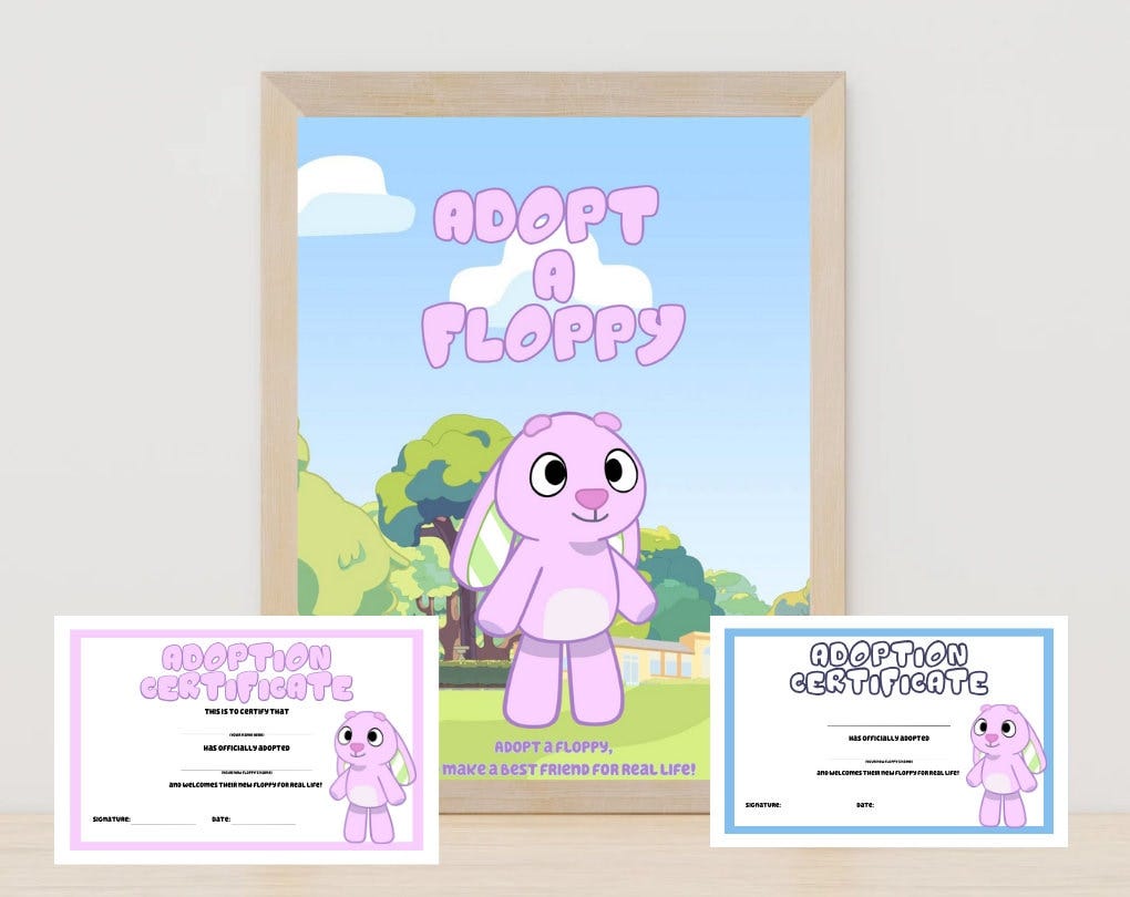 Bluey Party - Adopt A Floppy Digital Download with 2 Certificates Digital Download