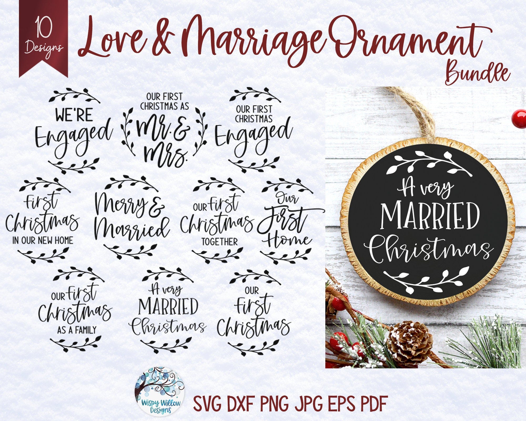 Christmas Ornament SVG Bundle, Love and Marriage Ornaments, Farmhouse Christmas Ornament, Engaged, Mr and Mrs, Married, Our First Christmas