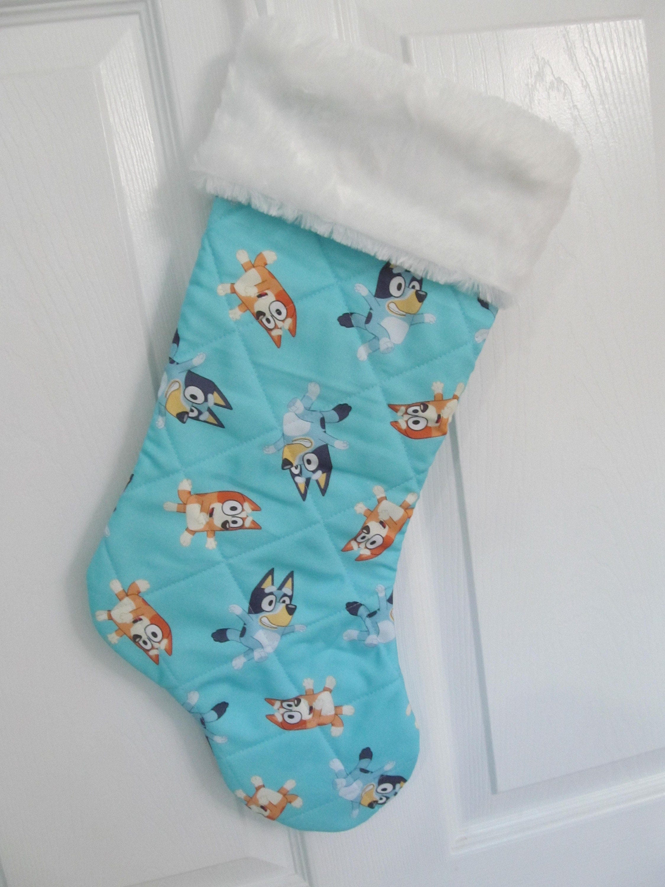 Bluey dogs Christmas stocking lined and quilted white fur top