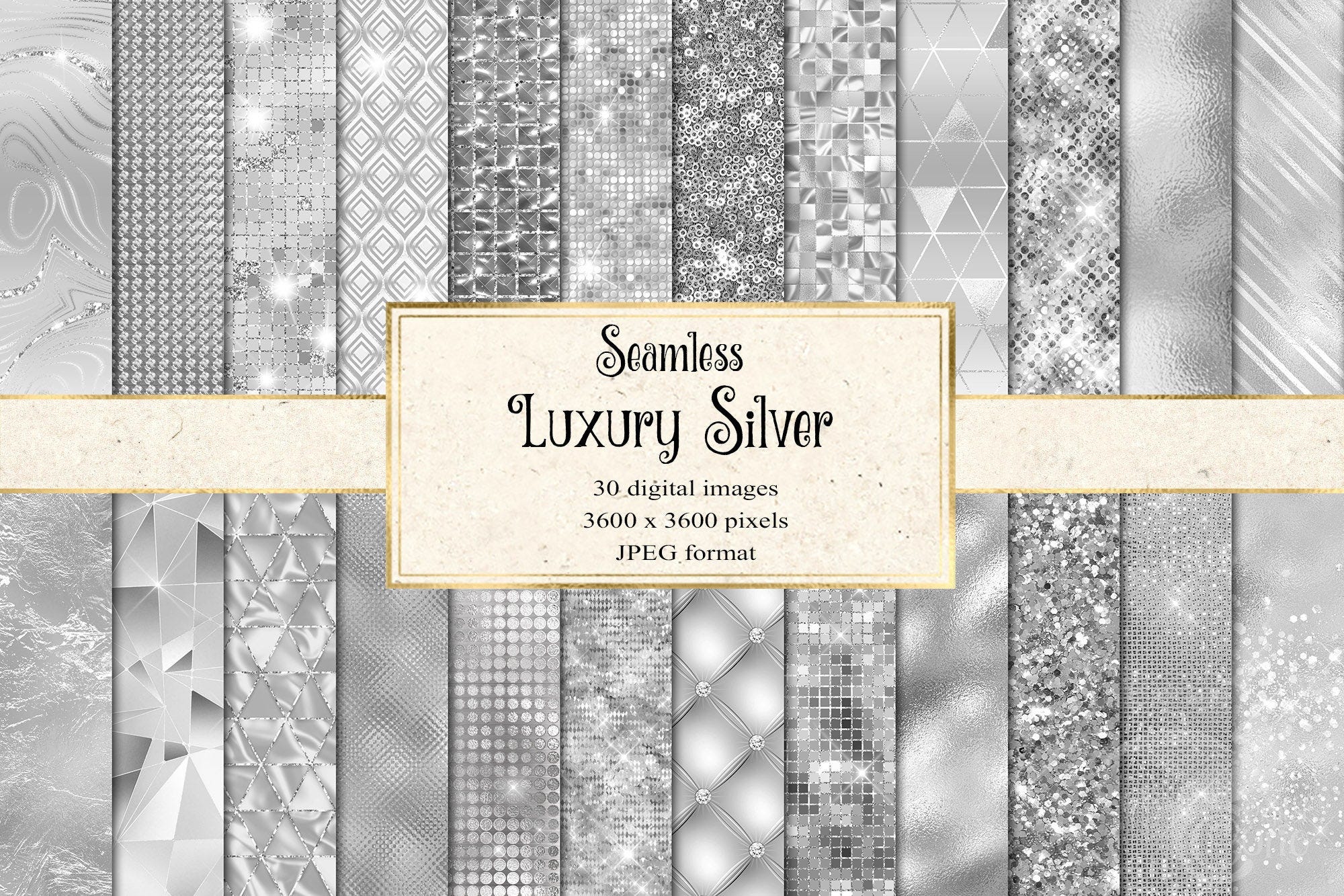 Luxury Silver Digital Paper, seamless silver textures, silver glitter, silver foil, sequin, diamonds digital instant download commercial use