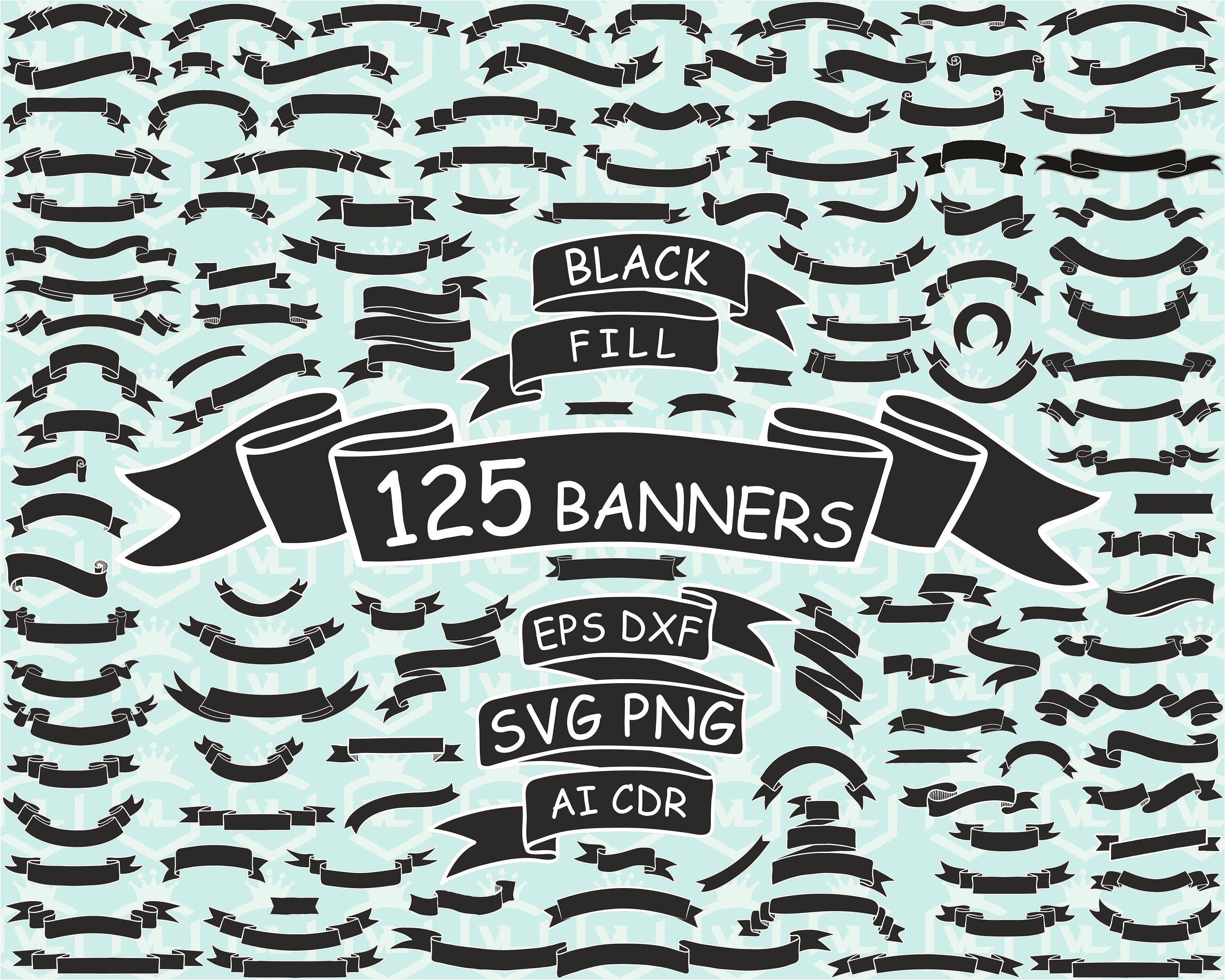 Black Banners, Ribbons, Label, Scroll Clip Art Clipart White outline Black fill Design Svg Files, Png Eps Files Cricut Cut Files