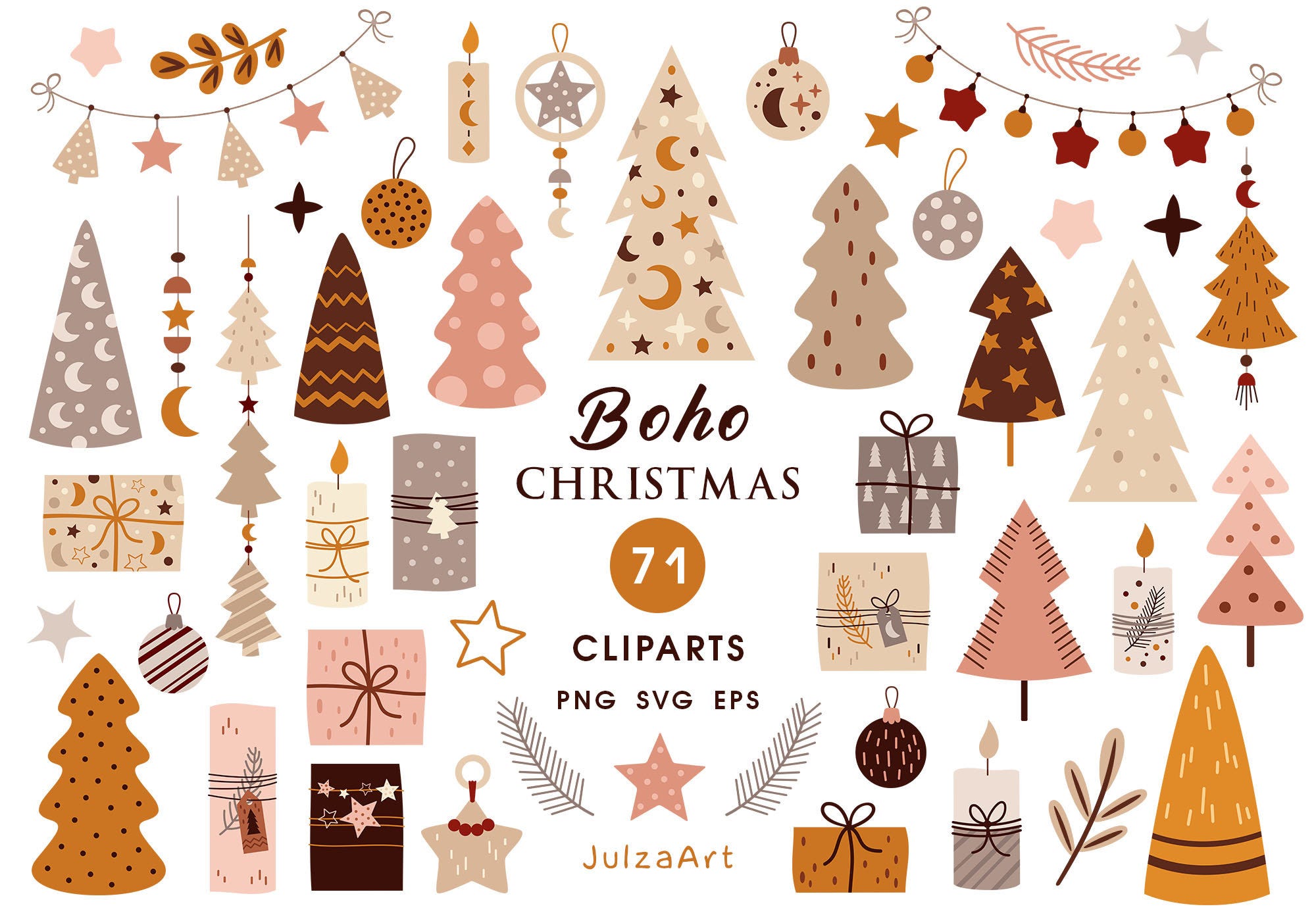 Boho Christmas clipart, Christmas tree svg, Cozy Christmas decor, Gender neutral New year clip art, Digital download, Commercial use