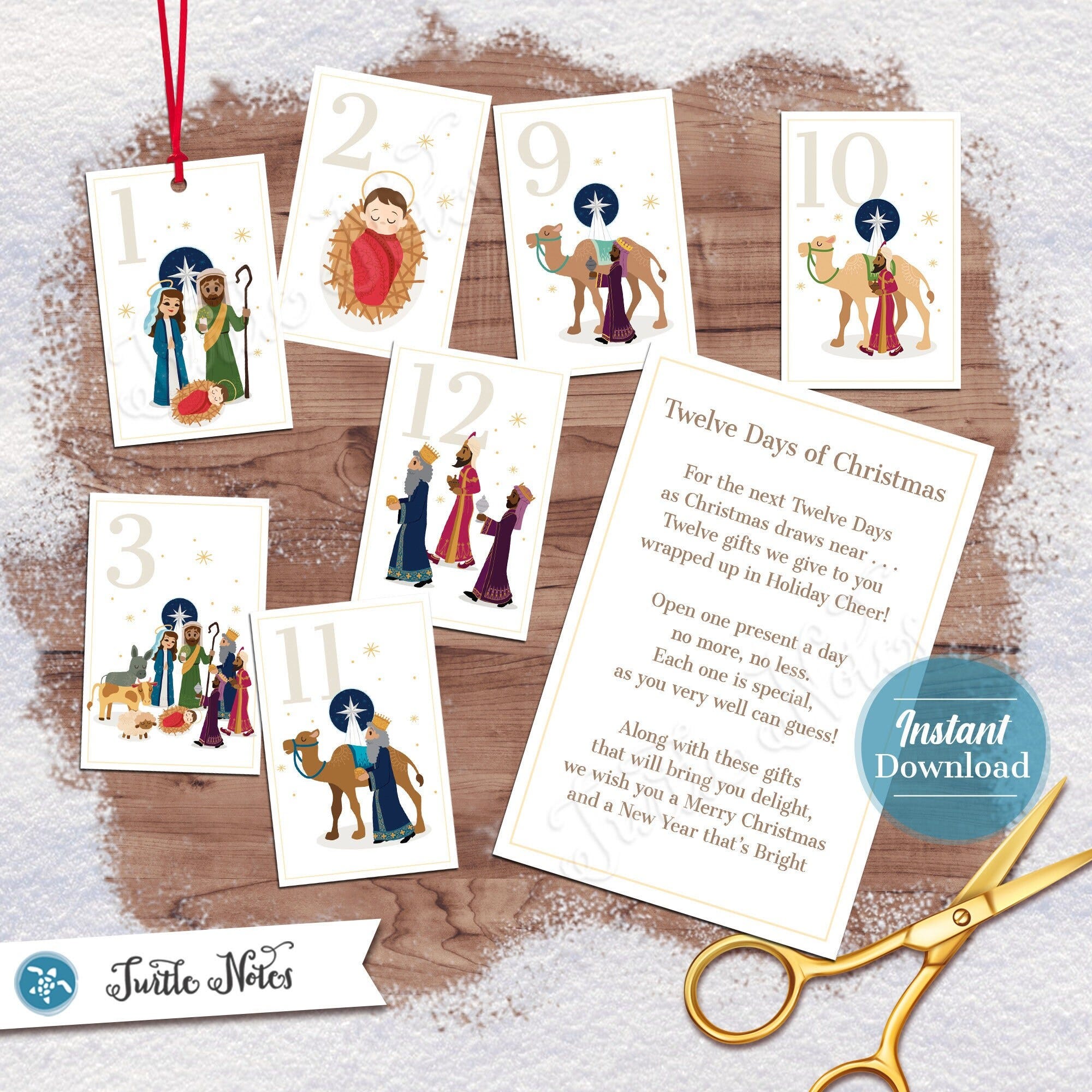 Nativity themed 12 Days of Christmas Gift Tags with Gift Poem | Digital Printable Labels or Stickers for 12 Days of Christmas Gifts CT012