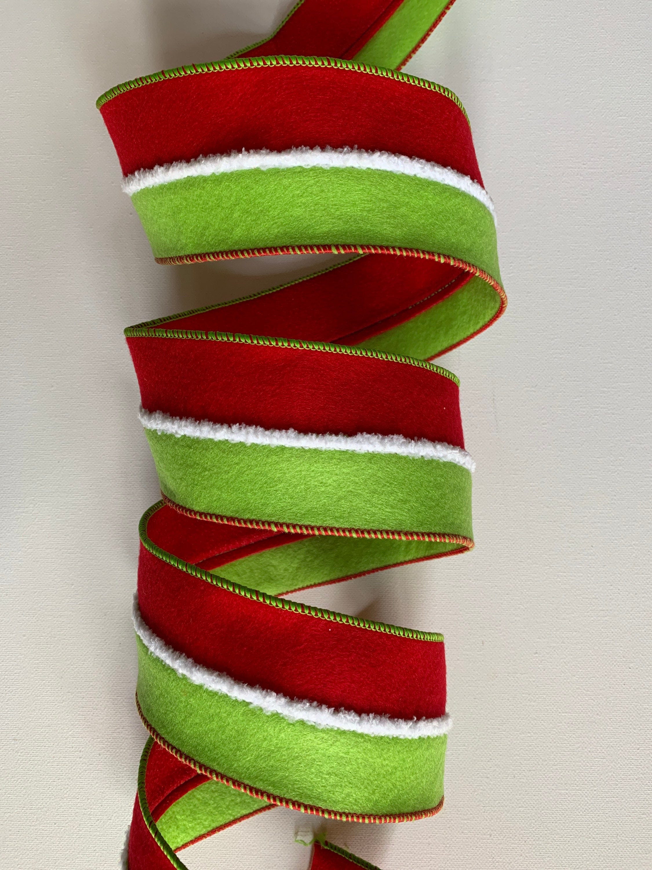 2.5" Red & Lime Green Felt Ribbon ~ Fuzzy White Center ~ Wired Edges ~ 10 Yard Roll