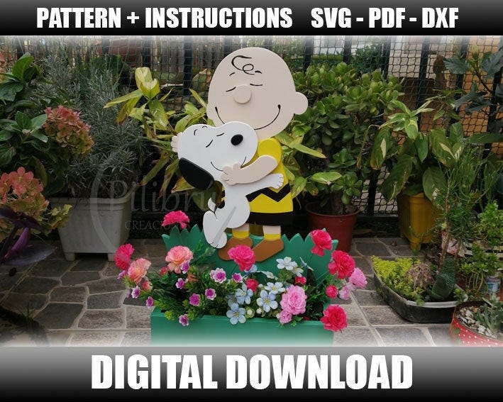 Snoopy and Charlie Brown Planter pattern, wooden planter, Garden ornament, scroll saw or laser cutter, digital file, SVG, PDF, DXF
