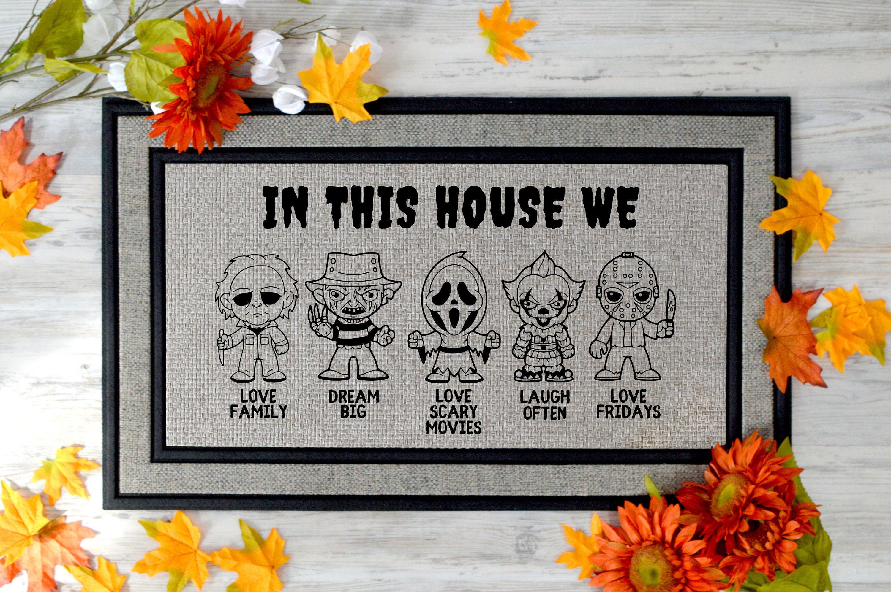 In This House We, Horror Doormat, Horror Movies, Fall Decor, Home Decor, Personalized Doormat, Halloween Doormat, Scary Movies, Halloween