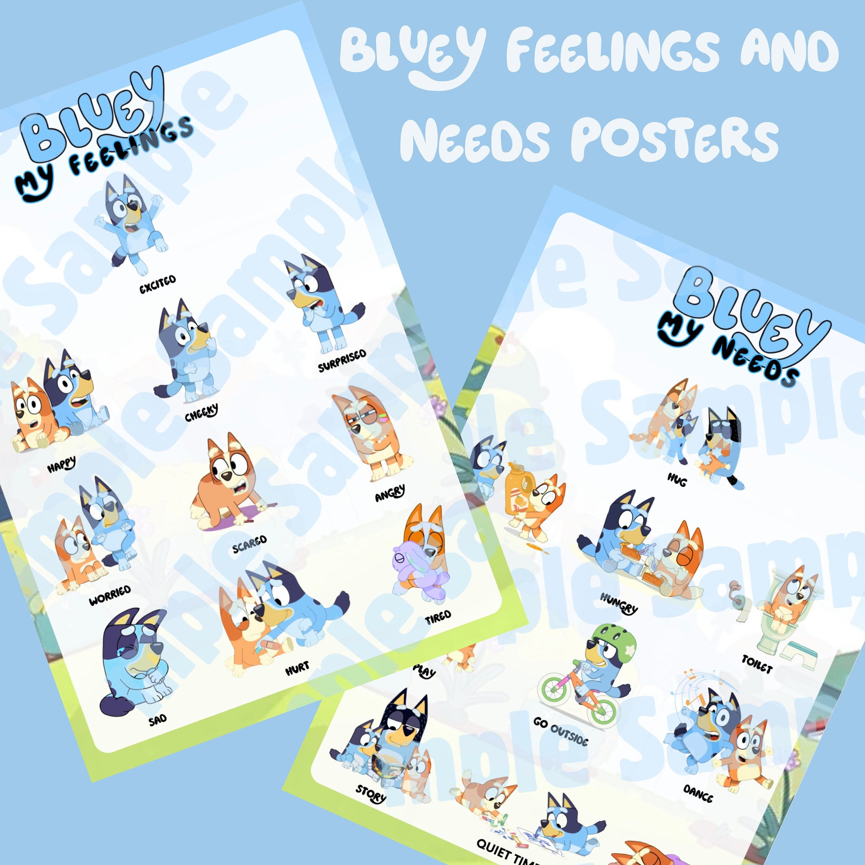 Blue dog Bluey inspired toddler feelings and needs develomental chart poster