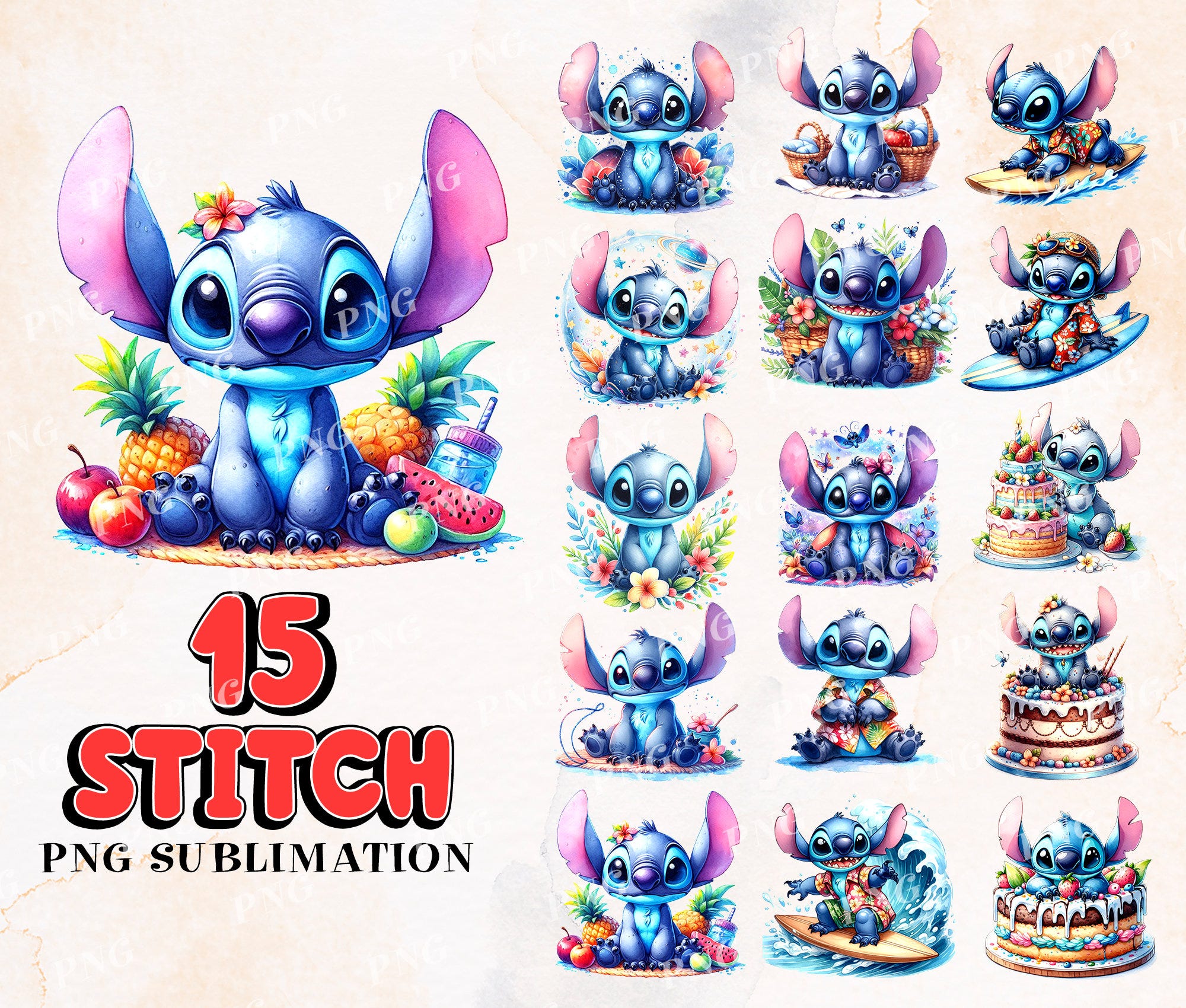 15 Designs Stitch Png Bundle, Stitch Clipart Png Sublimation, Cartoon Png Clipart Sublimation Digital Download