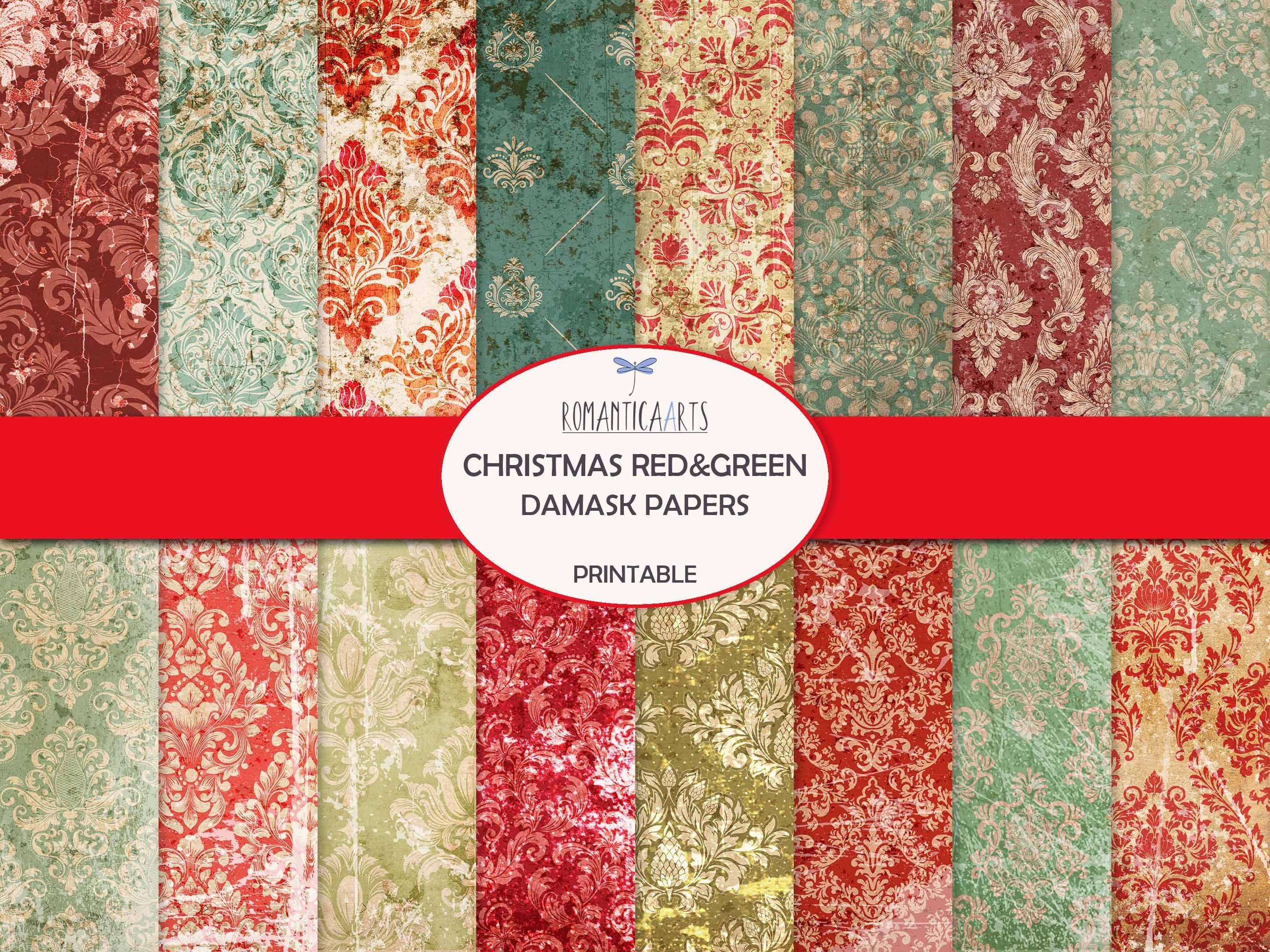 Christmas Red And Green Damask Paper, Digital Damask Paper, Shabby Damask Paper, Grunge Damask Background, Christmas Journal