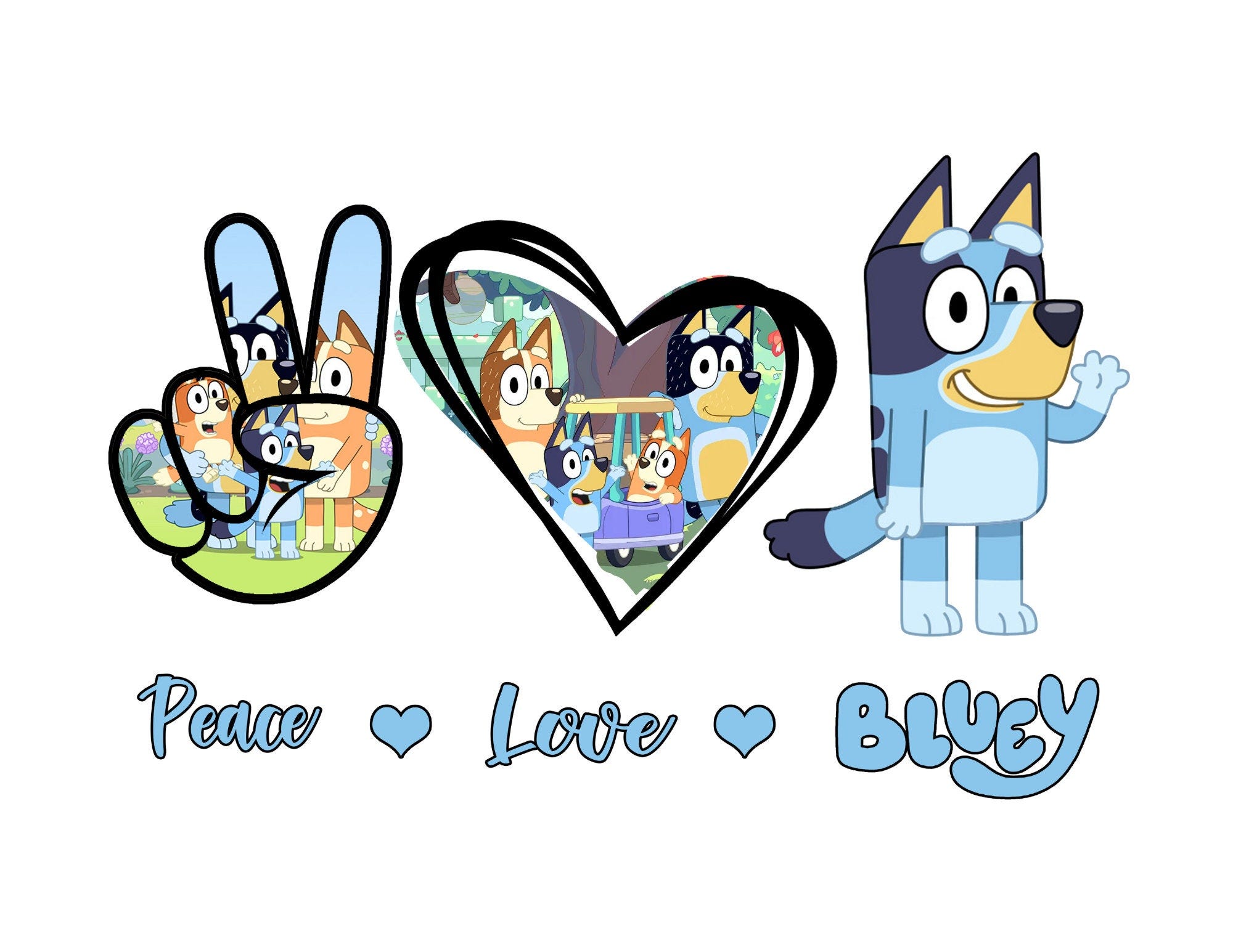 Peace Love & Bluey Digital Download Sign, Bluey Cartoon Printable Art, Nursery Wall Decor, Instant Download, Kids Room Decor, Bluey Wall art