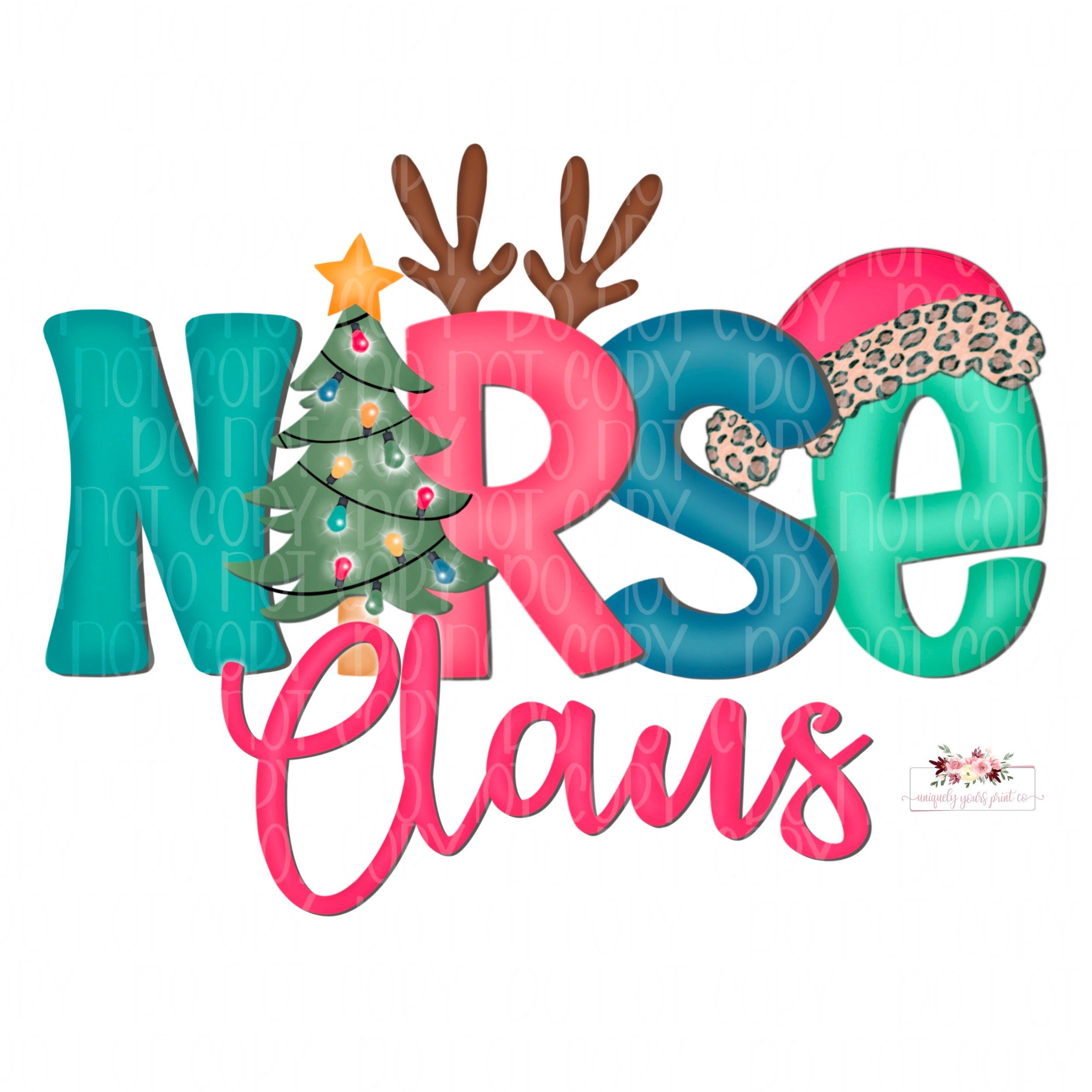 Nurse Claus digital download | Hand drawn digital PNG Design | Nurse Sublimation | pink Teal green Blue | LPN | RN | Christmas elements