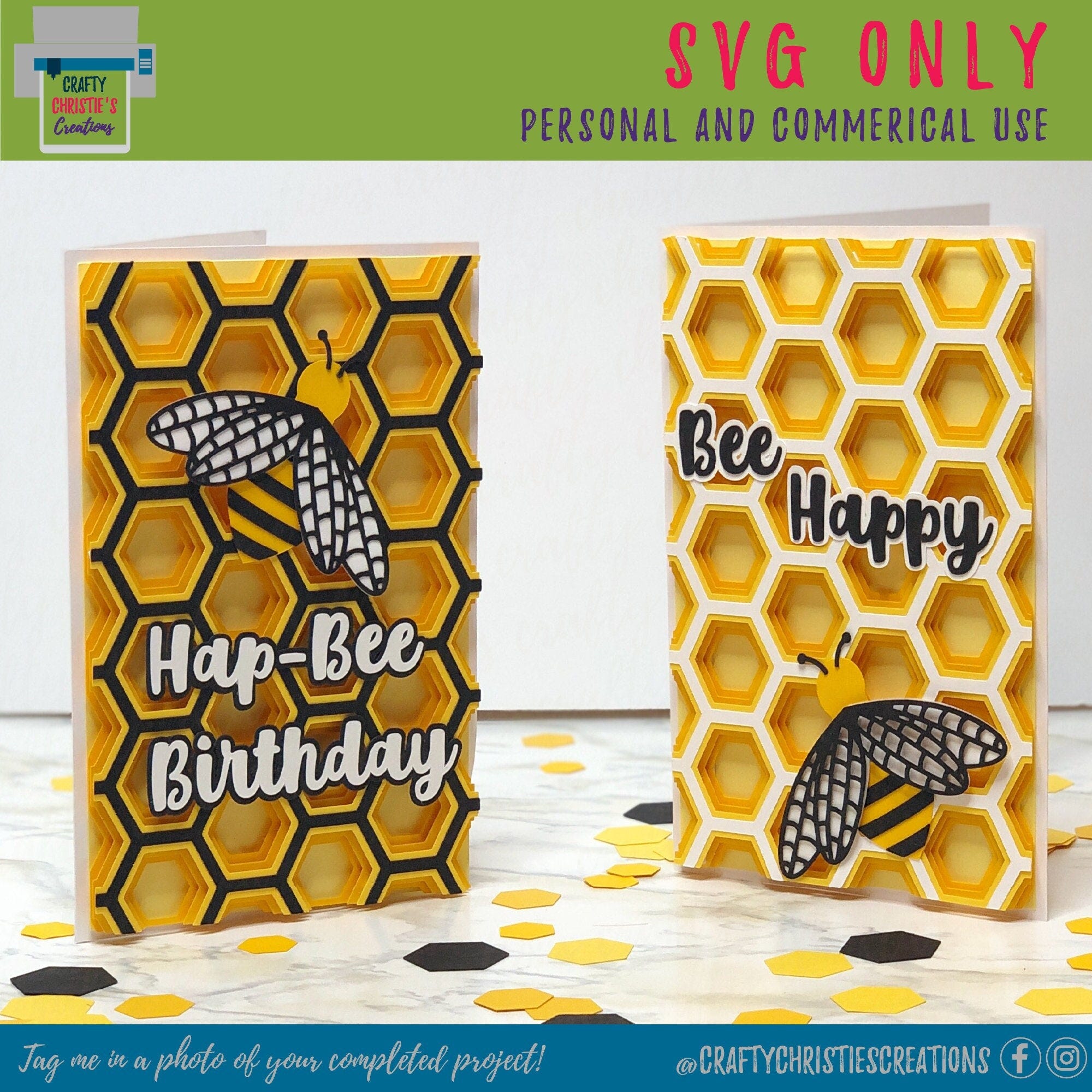 3D Layered Bee Card SVG - Birthday Card SVG - Be Happy Card SVG - Honeycomb Mandala Card Svg - Layered Card Papercraft - Cricut - Silhouette