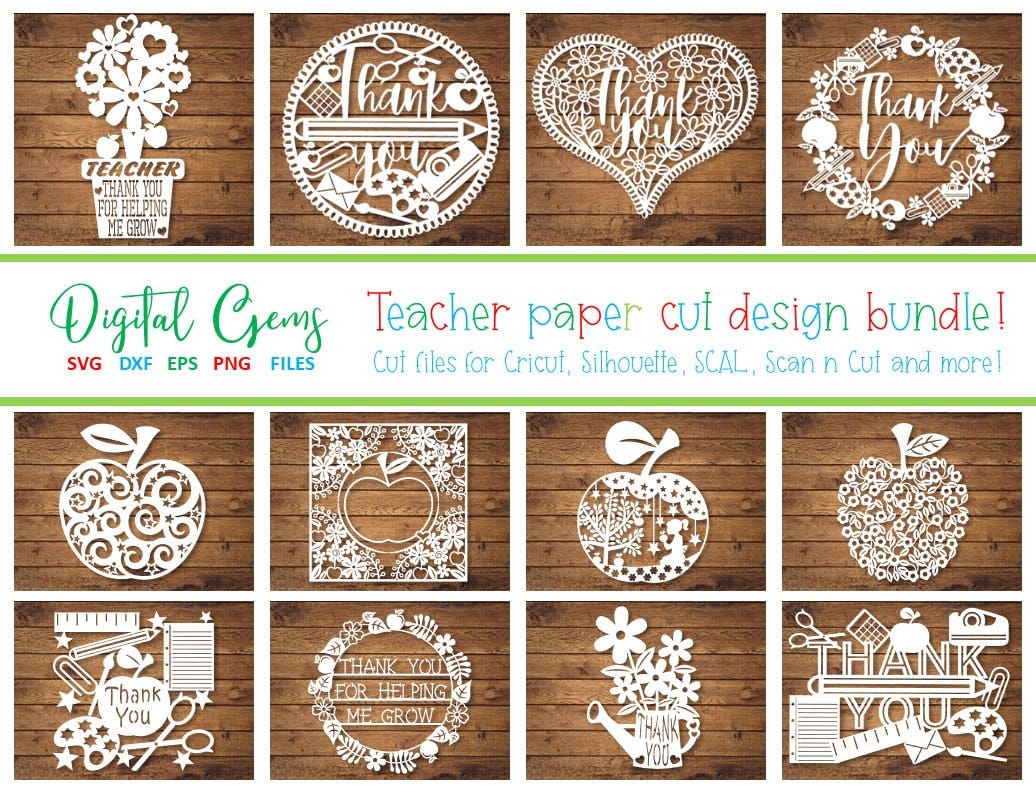 Teacher paper cut design bundle. svg / dxf / eps / png files and pdf / png printable templates for hand cutting. Digital download.