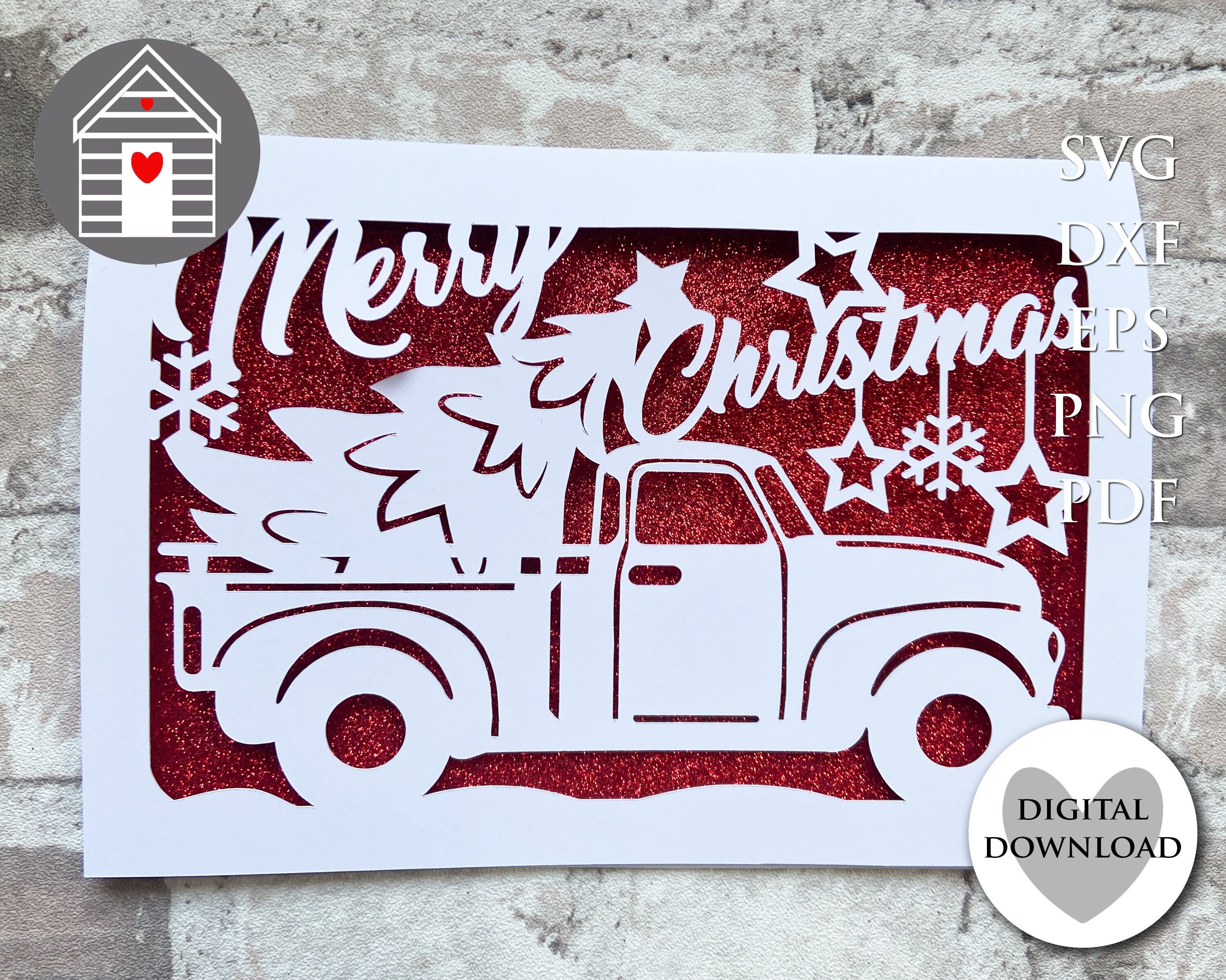 SVG Merry Christmas Truck Card Cut File -EPS - Png - Dxf - Pdf file - DIY Farmhouse Design for Cricut & cutting machines - Make Your Own