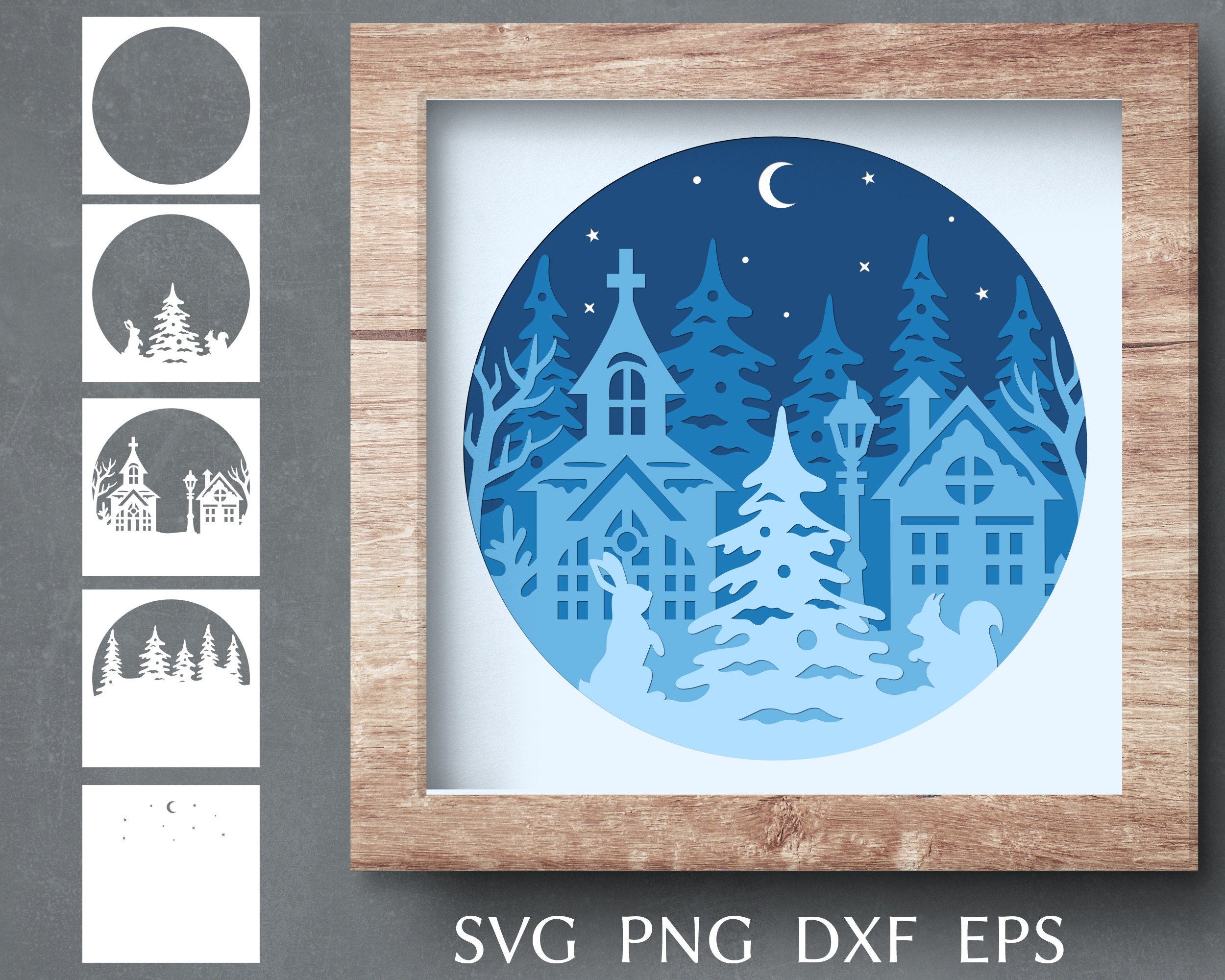 Christmas shadow box svg cut file, 3d papercut svg template, layered shadow box with Christmas scene in winter forest and christmas village.