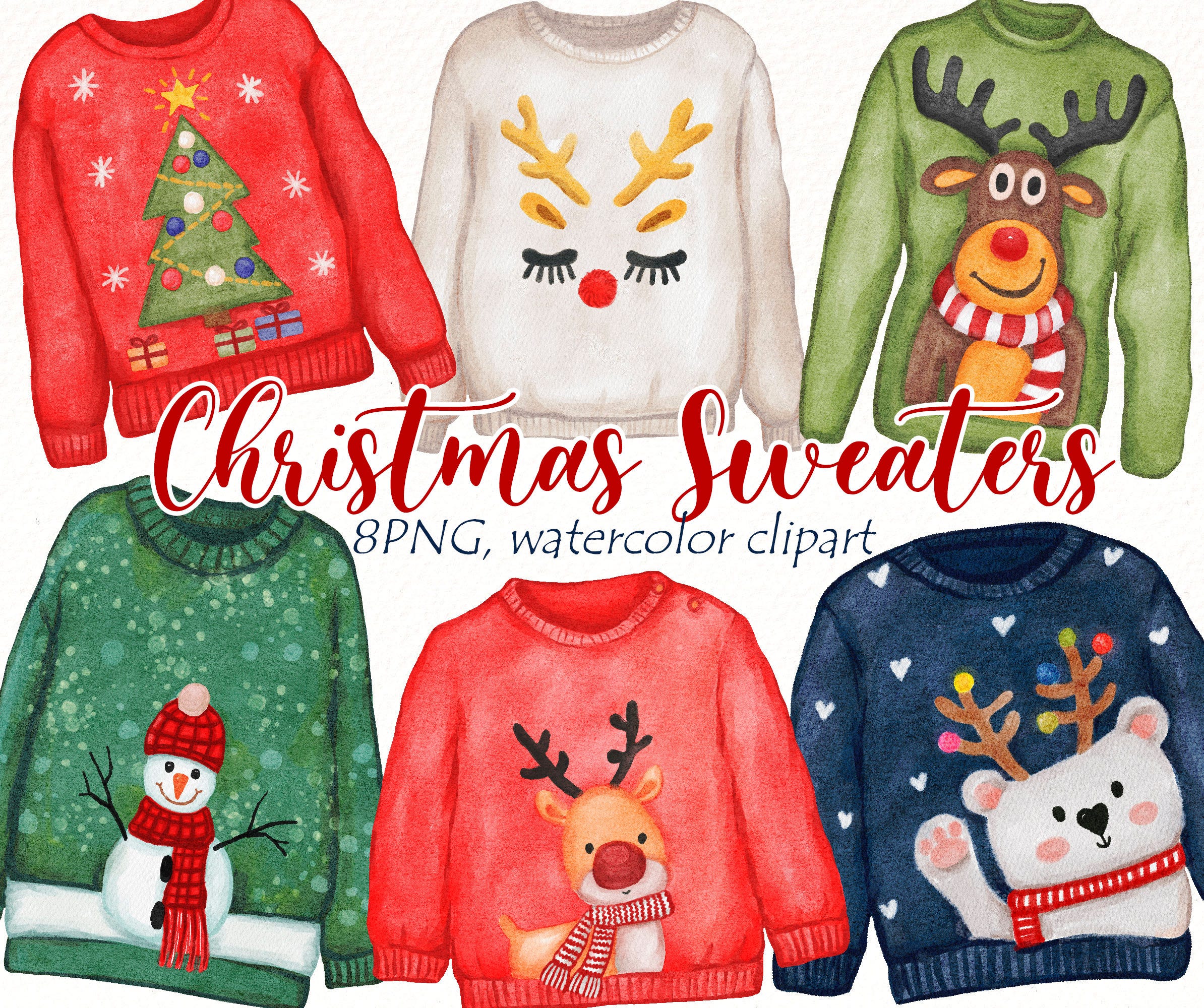 Ugly Christmas Sweater watercolor clipart, Winter clothes clip art, Xmas Noel Party, Season greetings card, planner, digital download.
