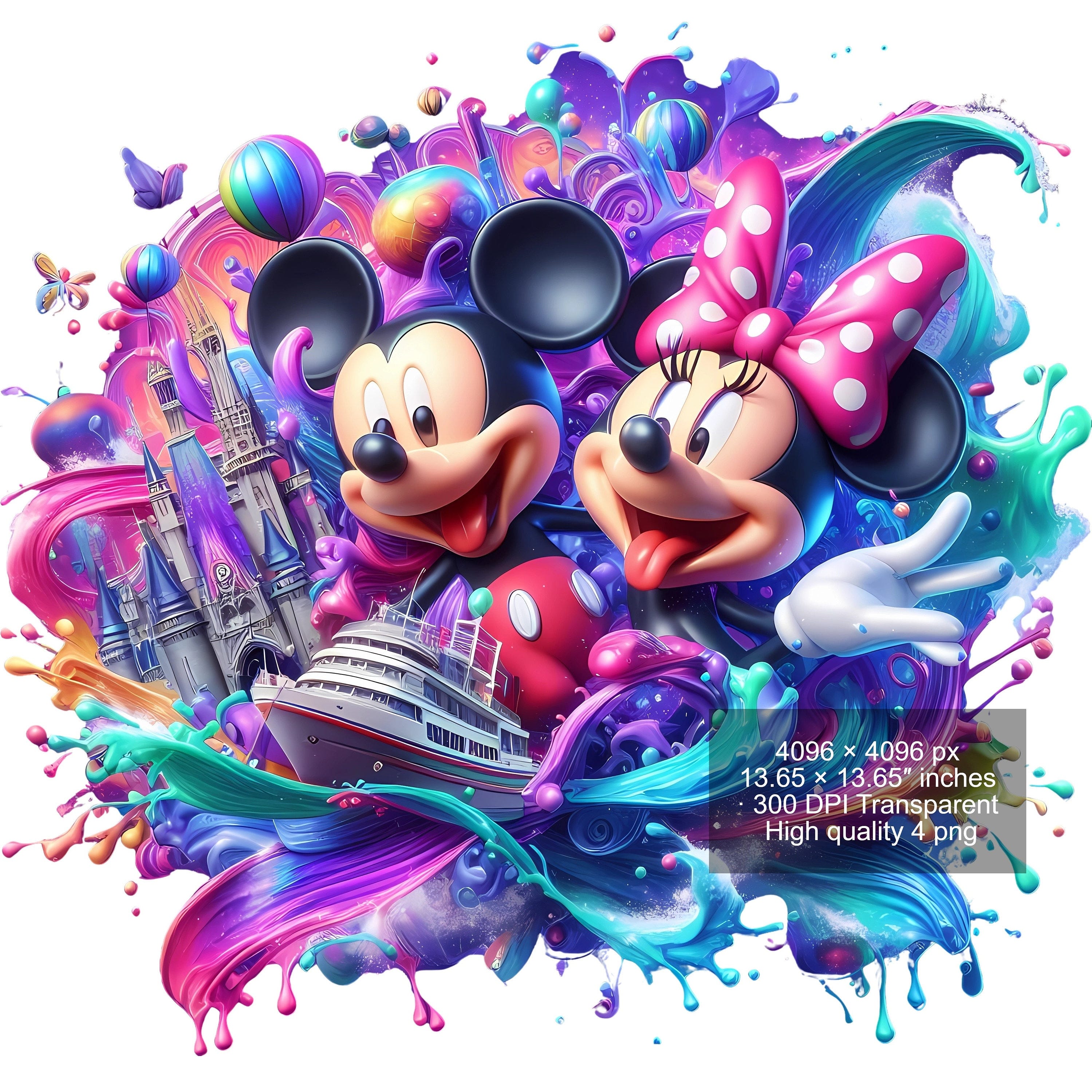 4 PNG Mickey Mouse and Minnie Splash and Watercolor Digital design PNG file for sublimation - High Resolution -Instant Digital PNG Download