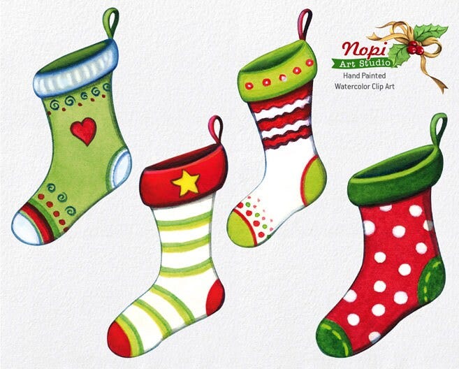 Christmas Stockings Clip Art Set, Hand Painted Watercolor Xmas Elements, Digital Download Clipart, Scrapbooking Holiday Winter Clipart Set