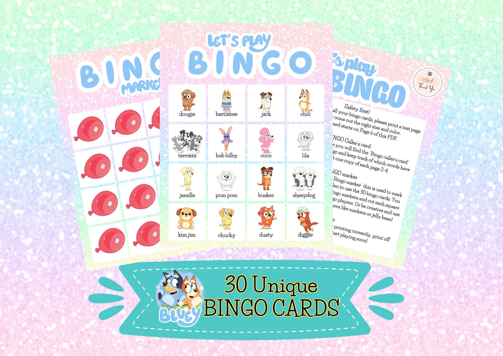 30 Unique Bluey Bingo Cards - Birthday Party Games, Preschool, Kindergarten activity PDF Printable File Instant Download