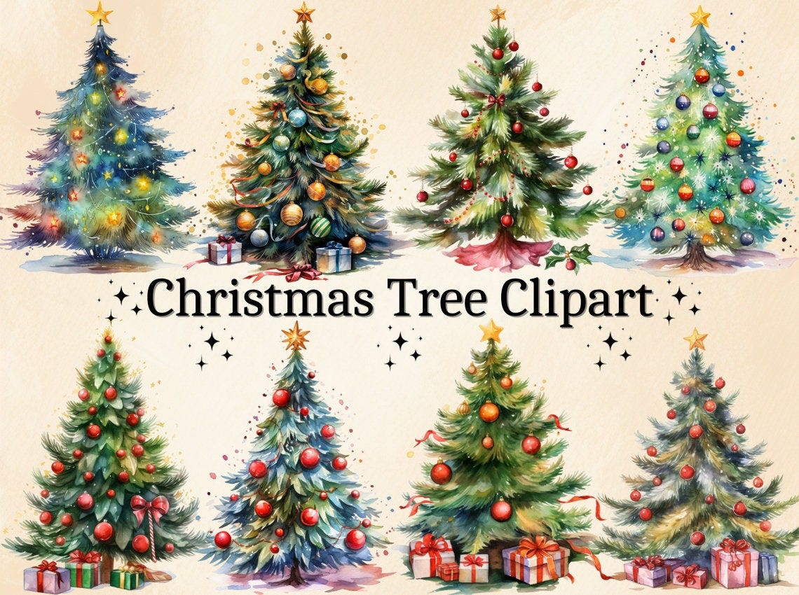 24 PNG Watercolor Christmas Tree Clipart, Christmas Illustrations, Pine Tree Clipart, Christmas Ornaments, Winter Clipart, Digital Bundle