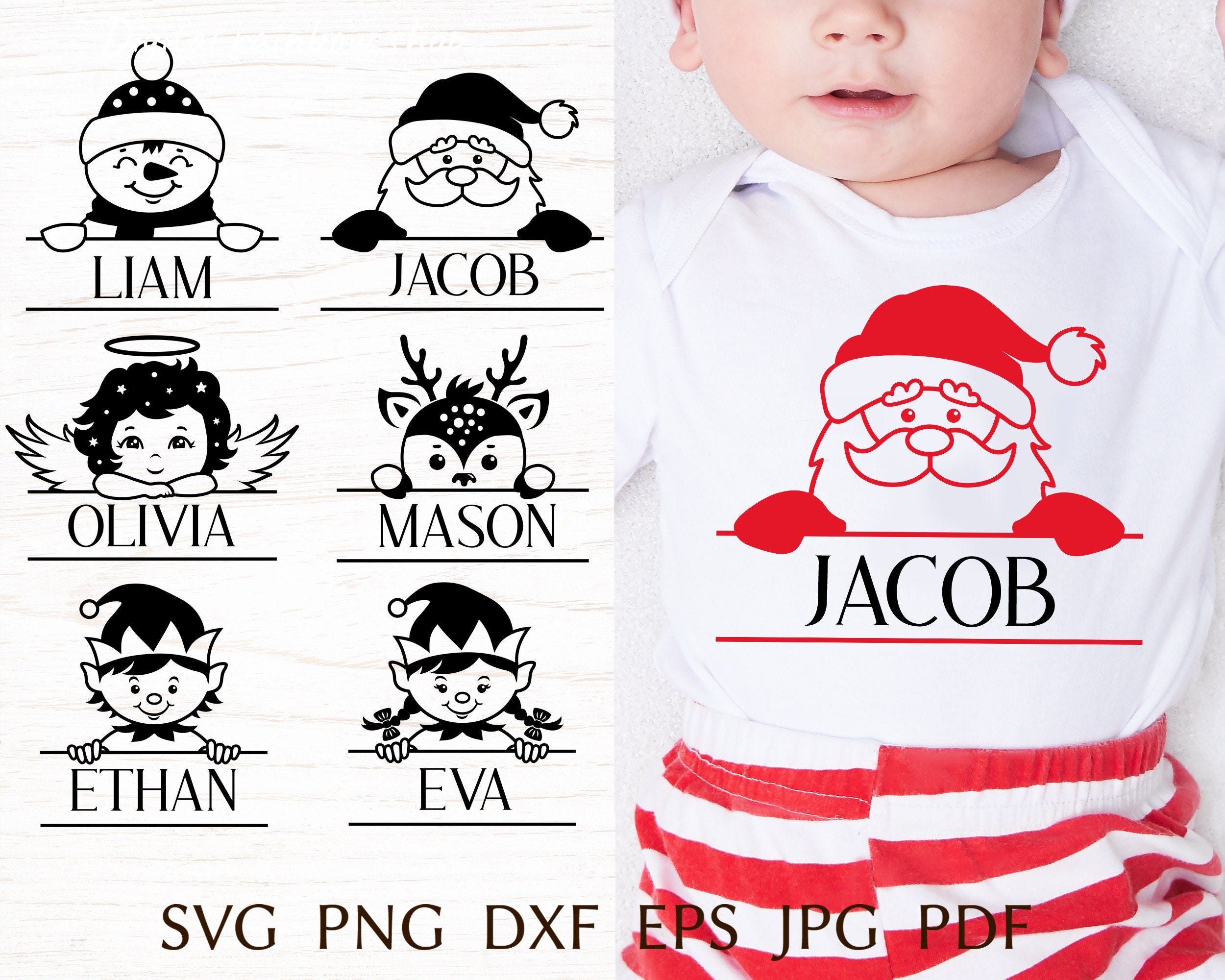 Christmas monogram svg, baby christmas name svg, funny kids christmas, split monogram with santa, elf, angel, reindeer smowman, png clipart