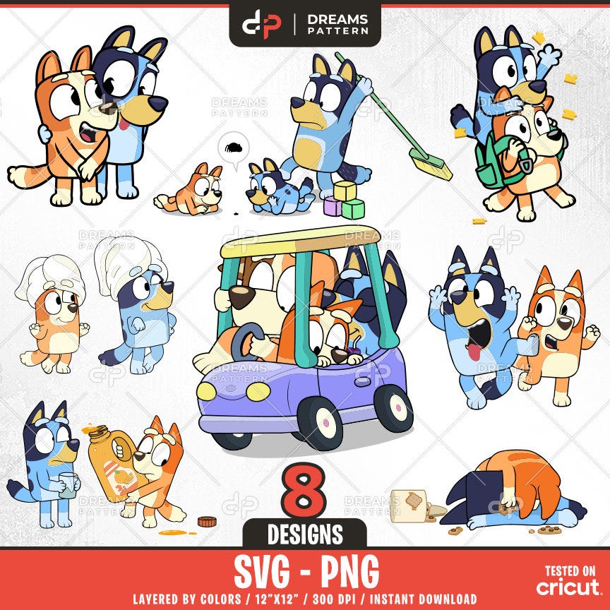 Blue Dog and Bingo Funny Time Svg, 8 Designs Easy to use, Cartoon Characters, Layered Svg by colors, Transparent Png, Cut files for Cricut.