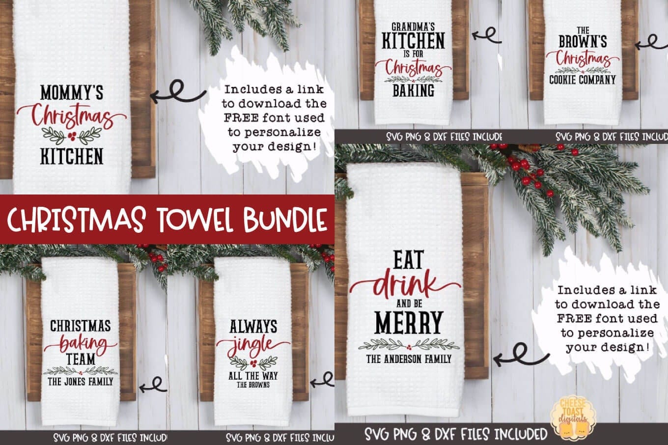Christmas Tea Towel SVG Bundle Vol 1, Personalized, Holiday Tea Towels, Christmas Baking, Kitchen, Appreciation Gift, Cricut, Silhouette