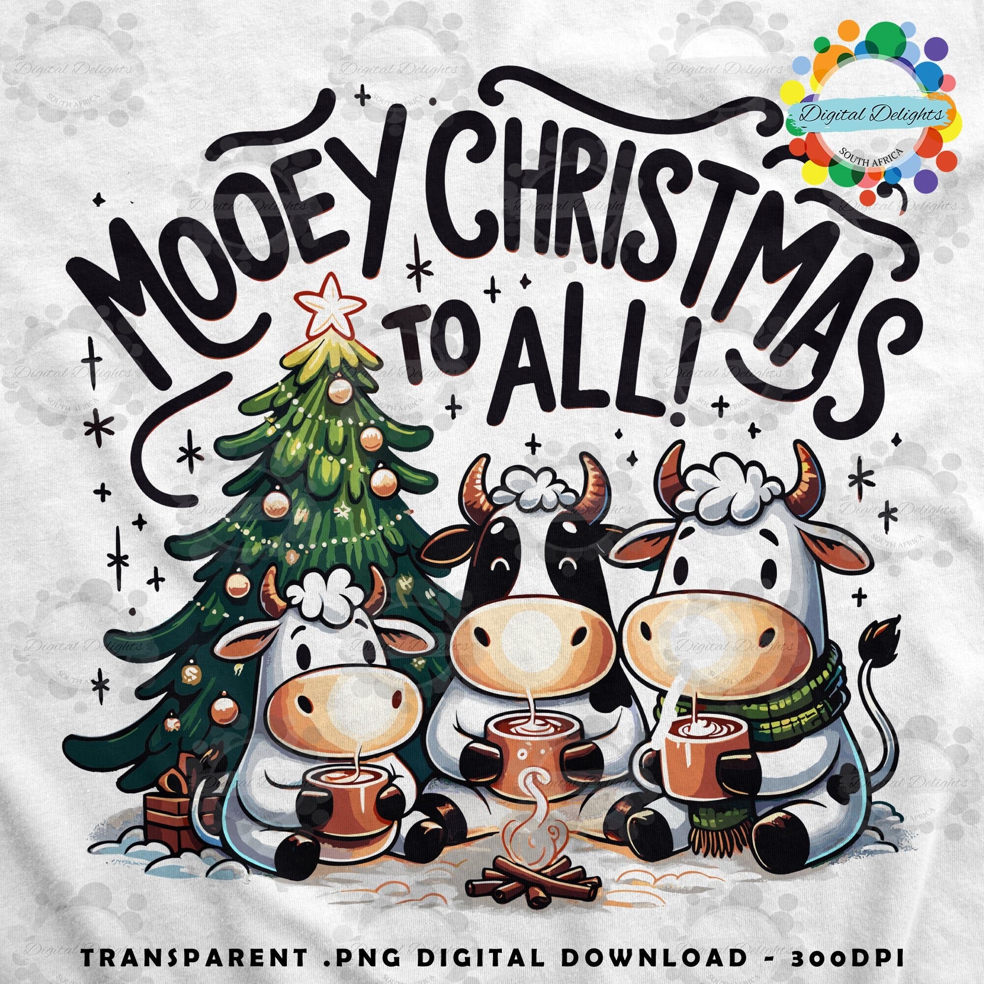 Mooey Christmas to All Three Cute Cows Drinking Hot Chocolate Beside a Fire  - Instant Download