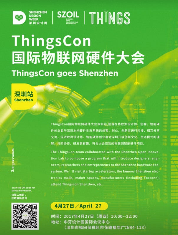 Flyer for the inaugural ThingsCon Shenzhen, hosted by David Li and the Shenzhen Open Innovation Lab (SZOIL)