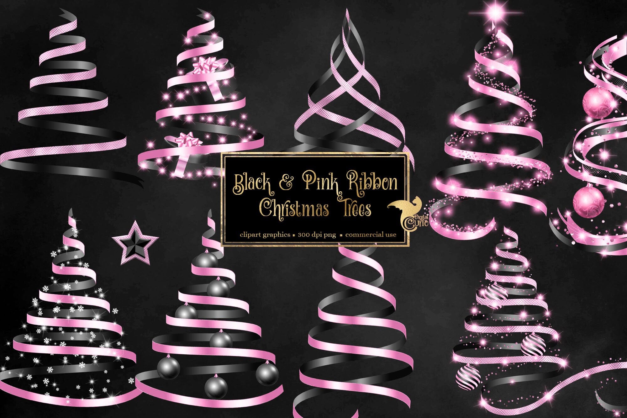 Black and Pink Ribbon Christmas Tree Clip Art - digital holiday glitter png graphics for instant download commercial use