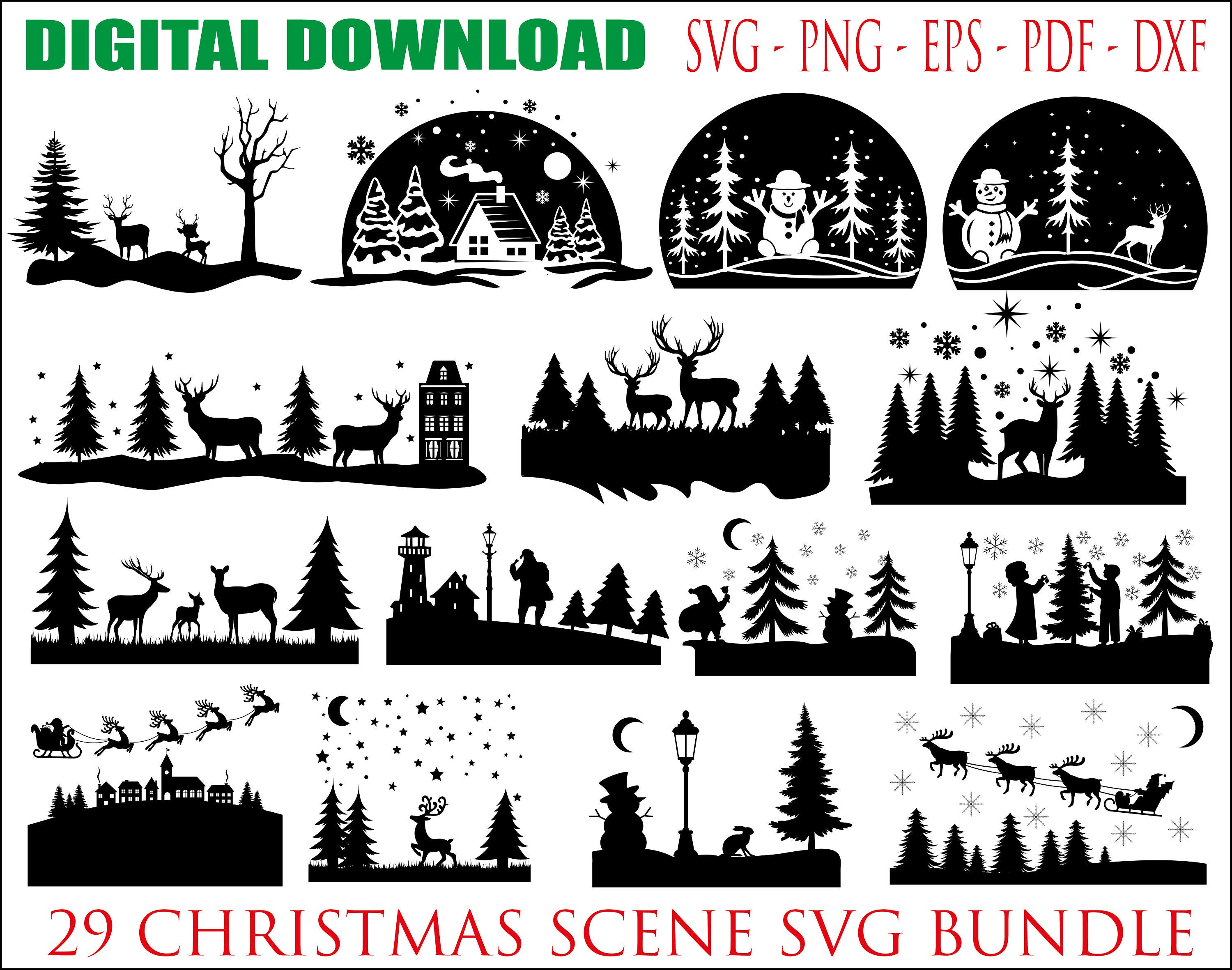 Winter Christmas Scene SVG, Winter Scene SVG, Magical Christmas Scene, Santa Reindeer SVG, Christmas Svg Bundle, Deer Svg, pine Tree Svg
