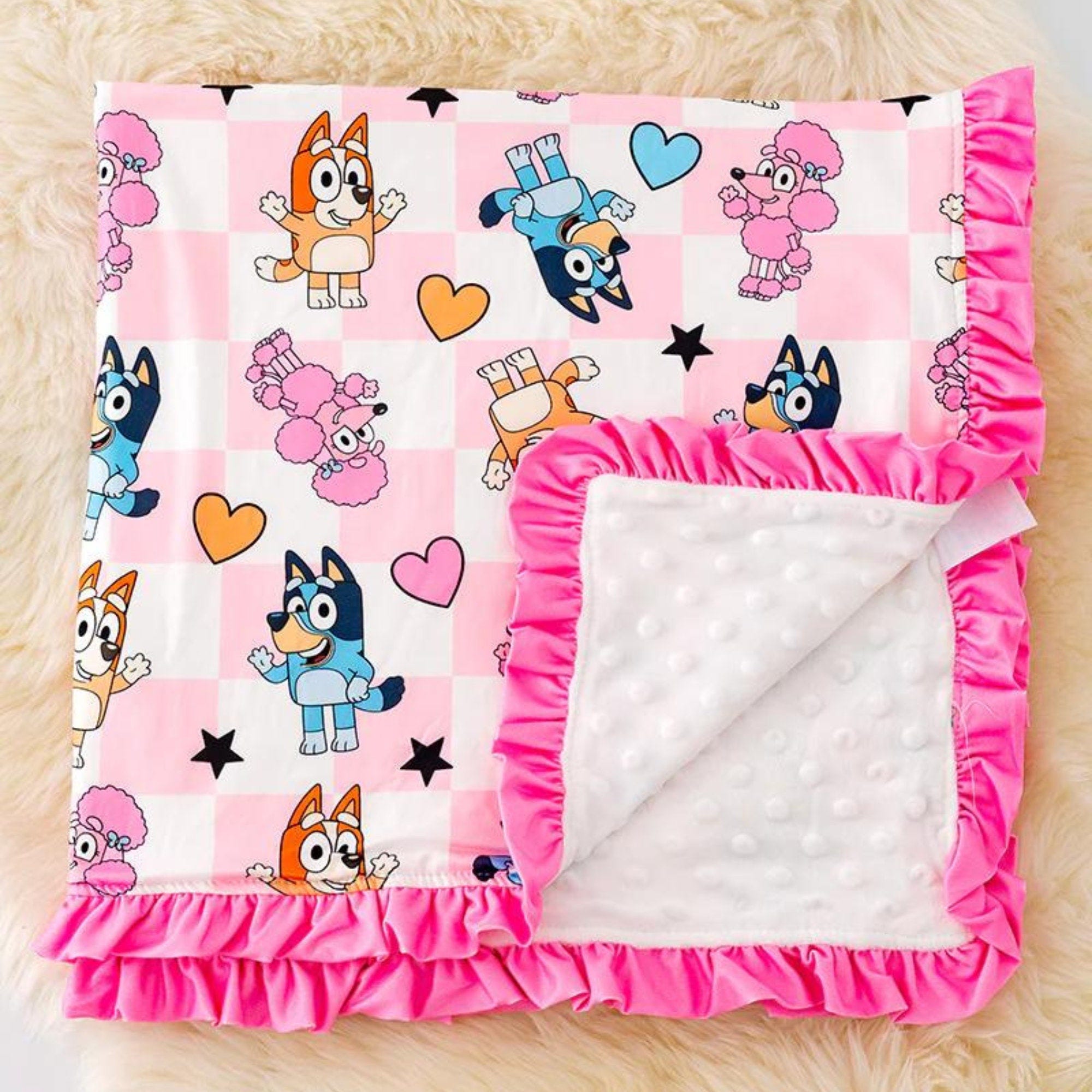 Bluey Cartoon Dog Minky Double Sided Ruffle Hem Throw Blanket Gift for Girls | Blue Dog Character Cartoon Blanket for kids Birthday Gift