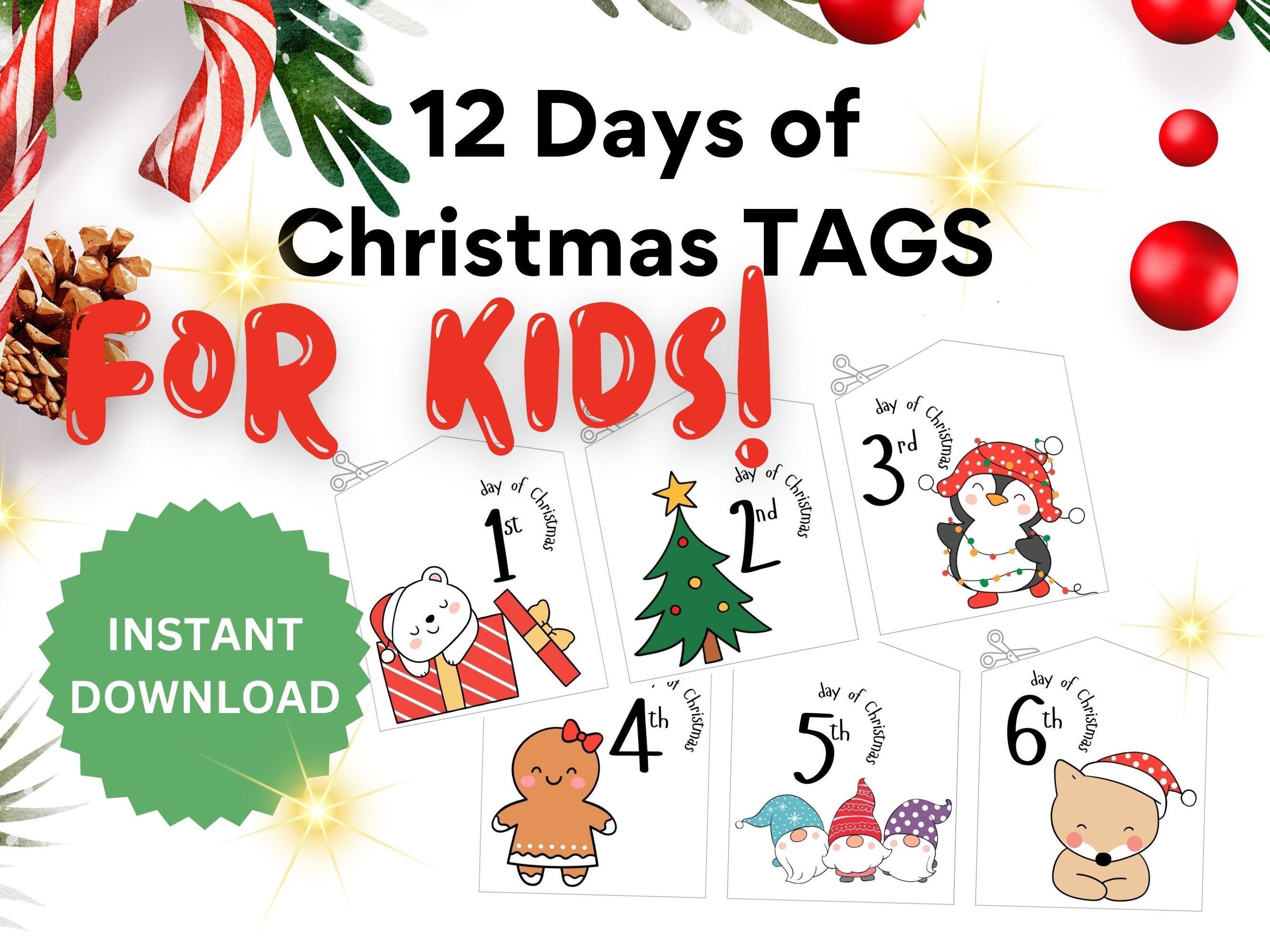 12 Days of Christmas Printable Tags, Gift Tags for Kids, Instant Download, Christmas Tags, Christmas Gift Tags for Kids, Christmas Download,