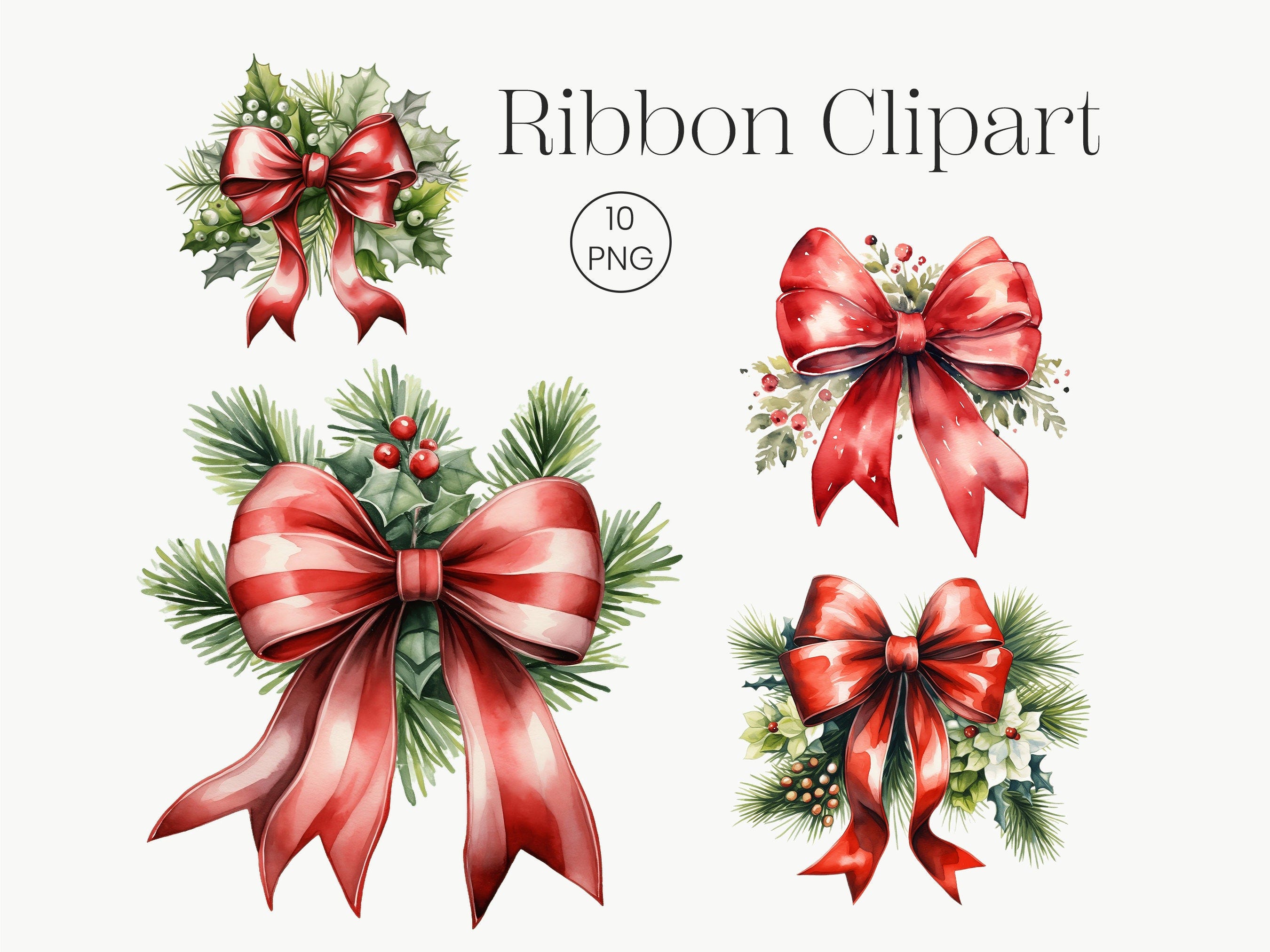 Christmas Ribbon | 10 Transparent PNG | Watercolor Christmas Tree Red Fabric bow Clip Art Winter Clipart Bundle Collage Images