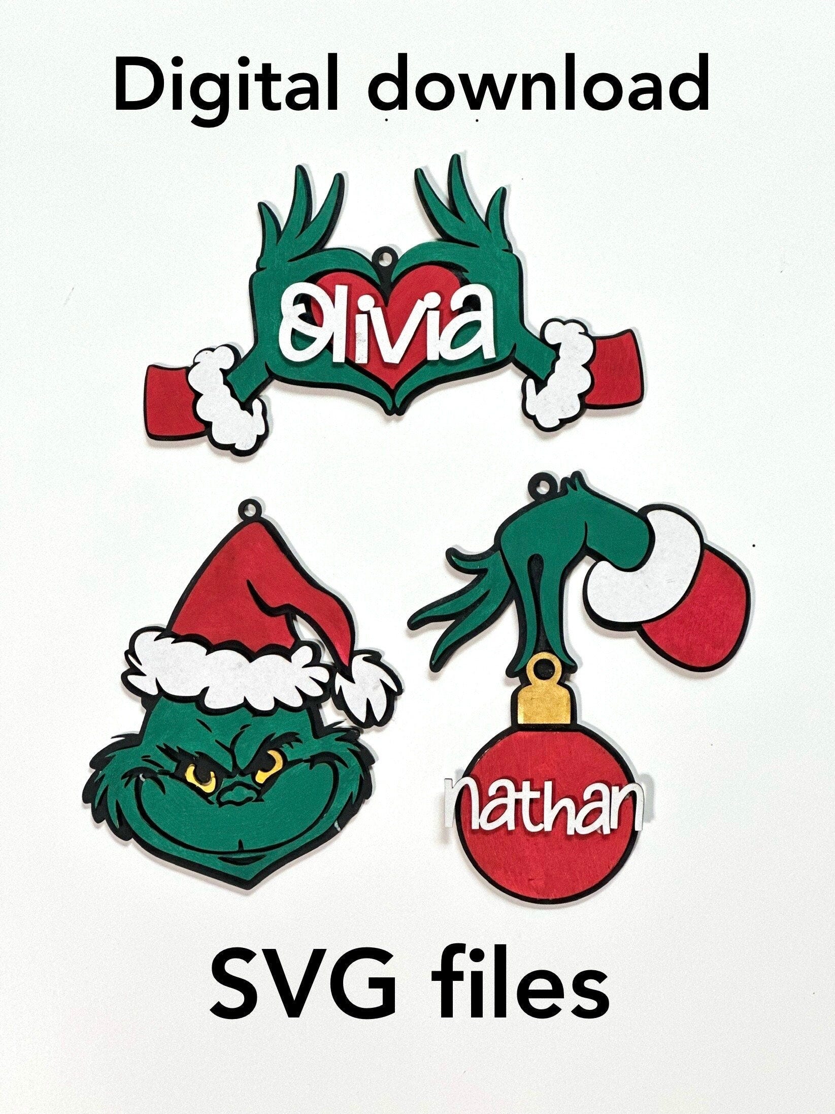 Christmas ornaments lasercut SVG files, digital download, Grinch, Christmas Green Characters SVG bundle