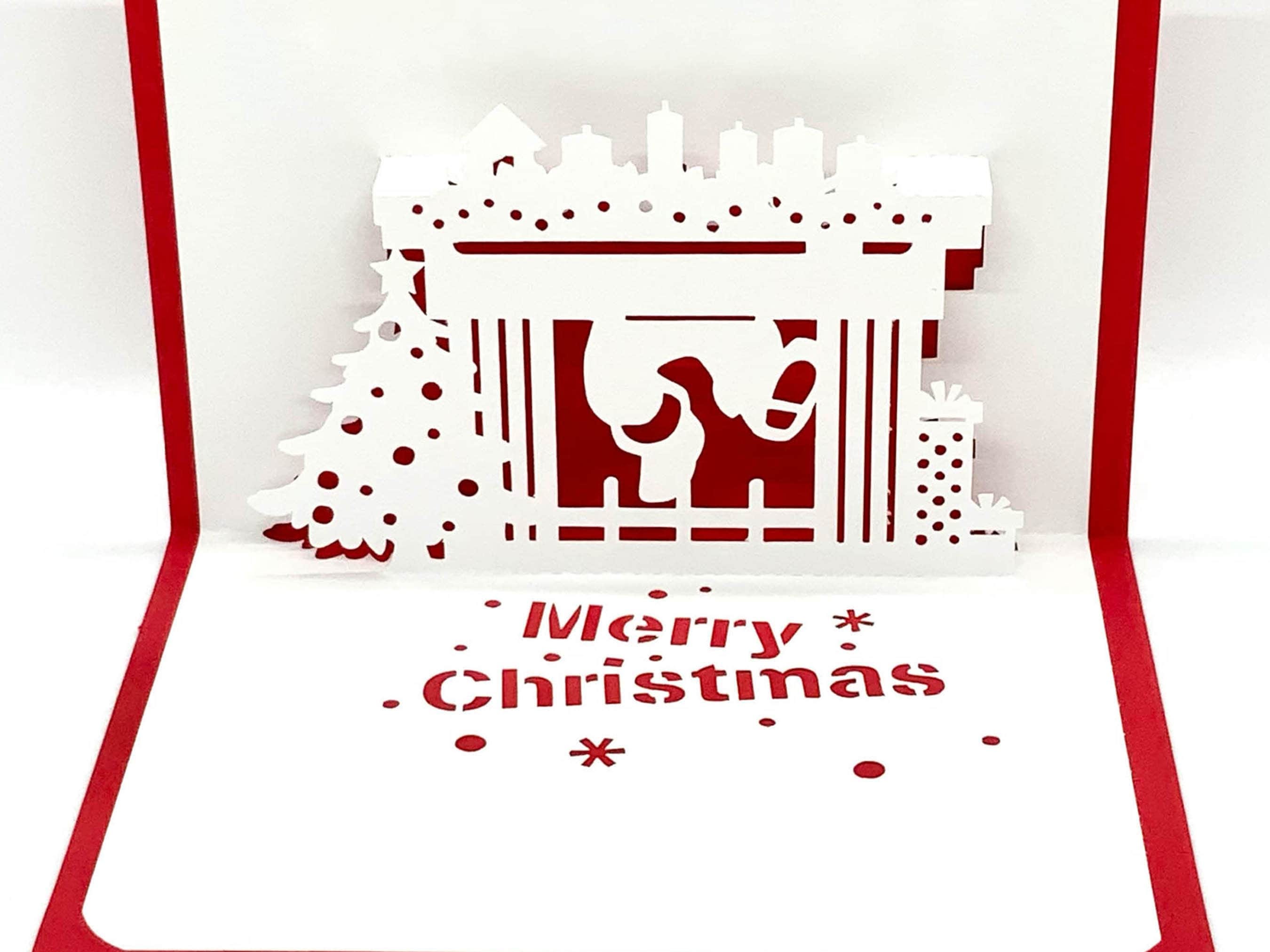 Digital template Pop-up Christmas card, Ho Ho Ho Santas at fireplace, SVG, DIY, instant download