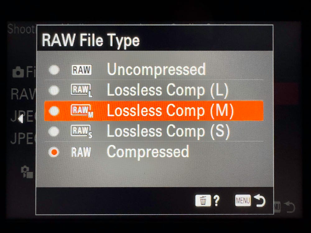 Selecting the size of the Lossless Compressed RAW image file