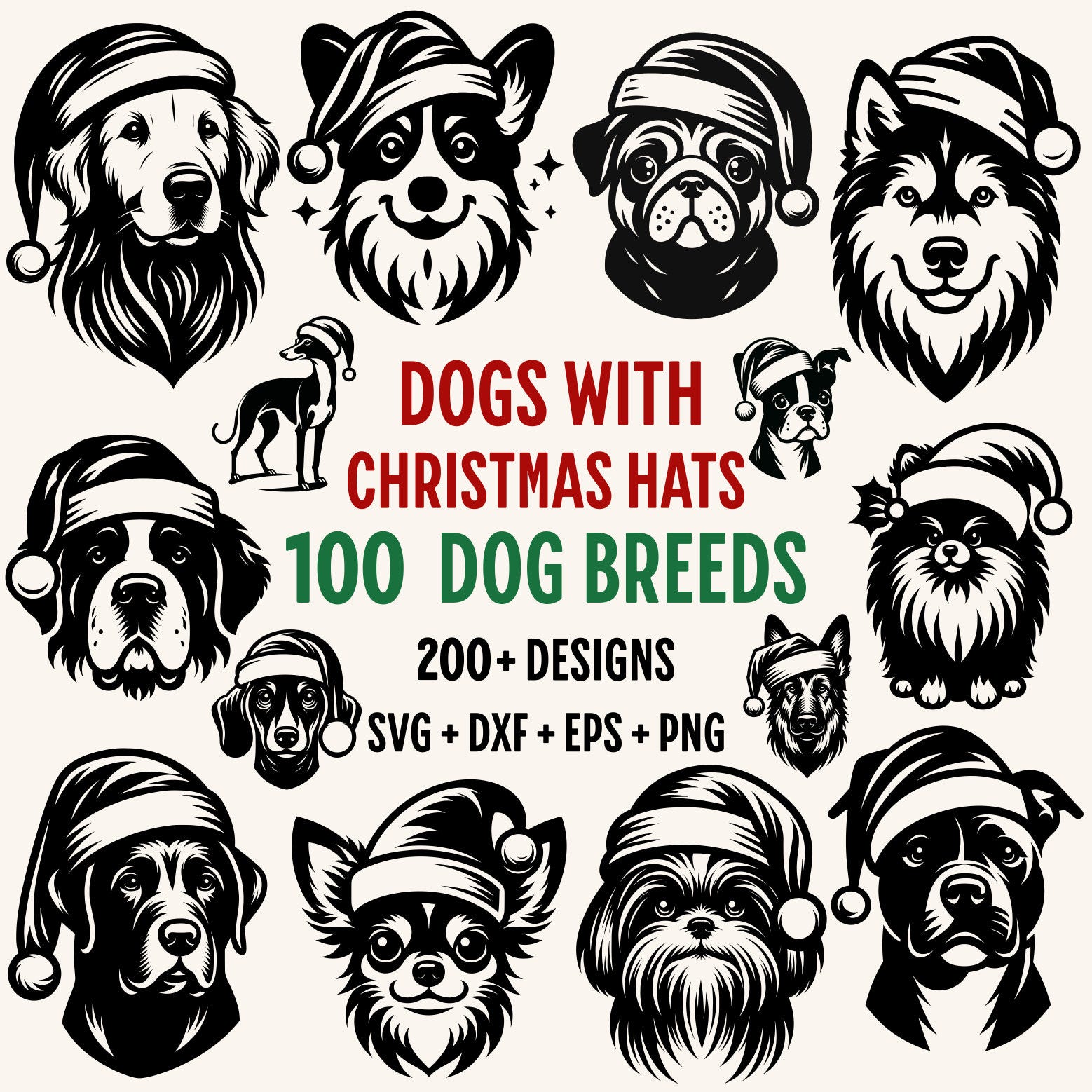 Dogs With Santa Hats svg Bundle - Christmas Dogs svg - Cut File - svg - eps - dxf - png - Silhouette - Cricut file - Digital File