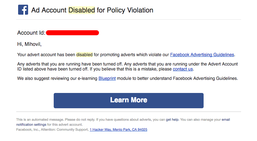 ad account disabled for policy violation