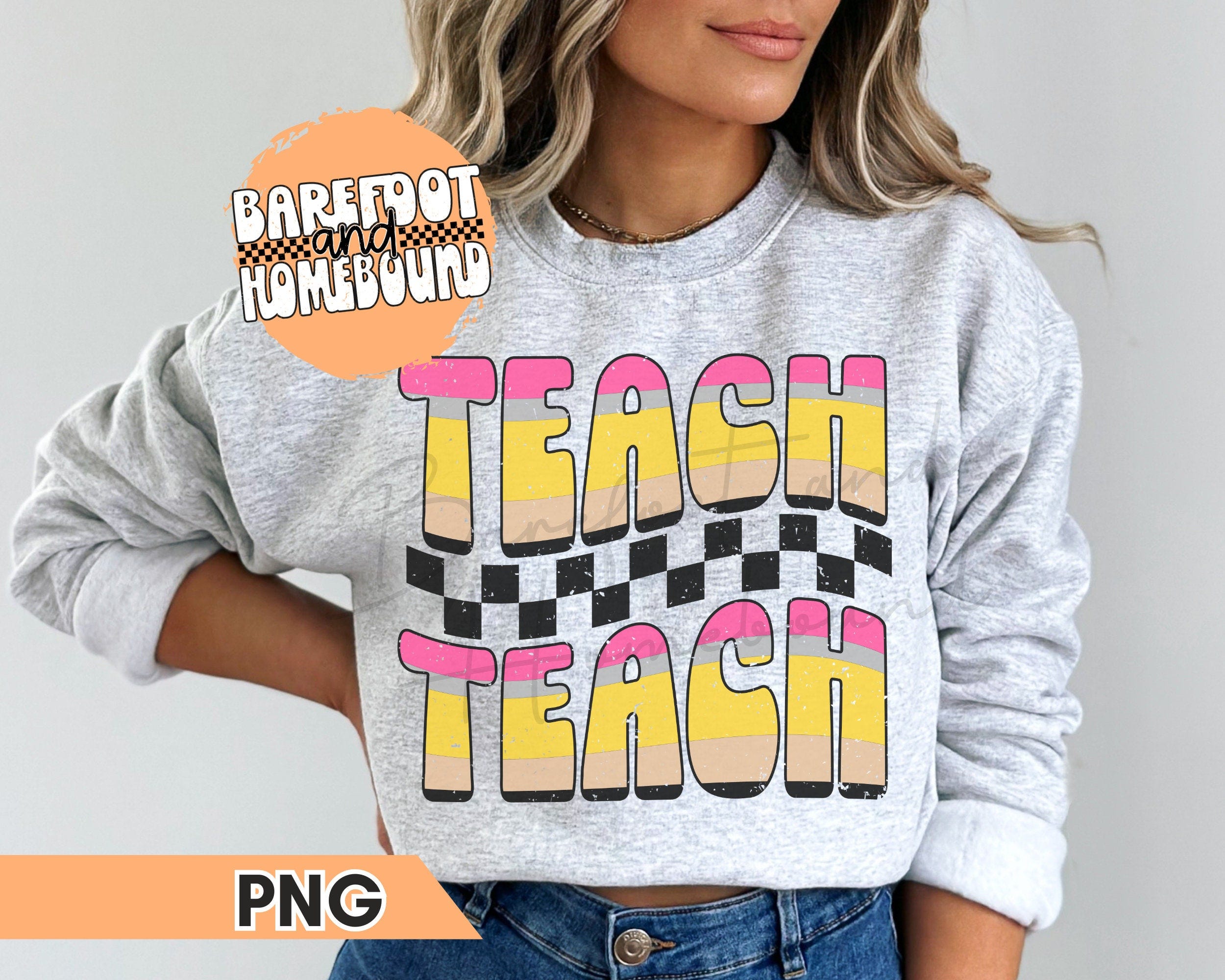 Retro Wavy Teach PNG, Pencil Teacher Png, Checkered Teach PNG, Retro Teacher Png, Teacher Gift PNG, Checkerboard Teach Shirt Design