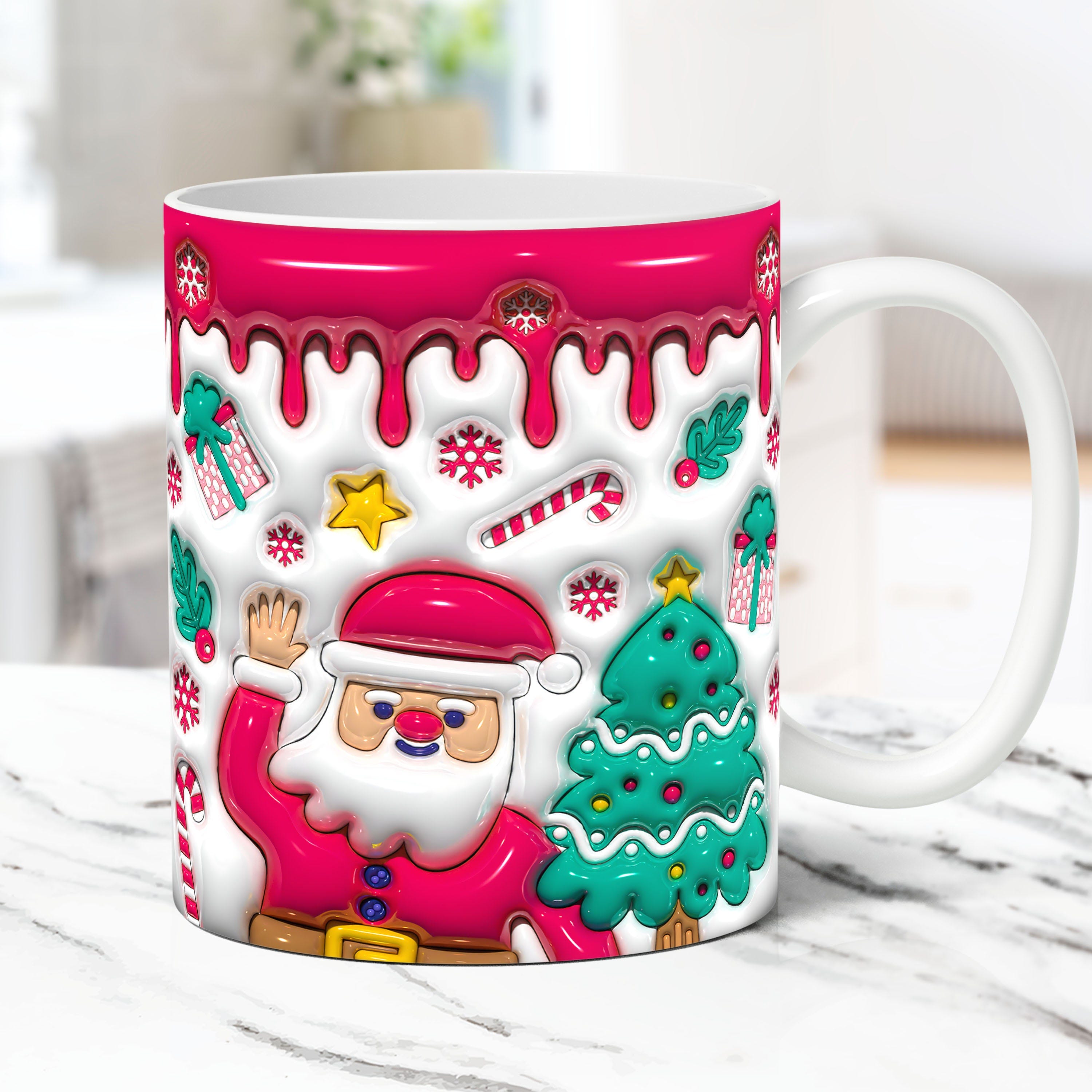 3D Christmas Mug Wrap Inflated Santa Mug Wrap Sublimation Design PNG Christmas Puffy Mug Press Design 11oz and 15oz Coffee Cup Template