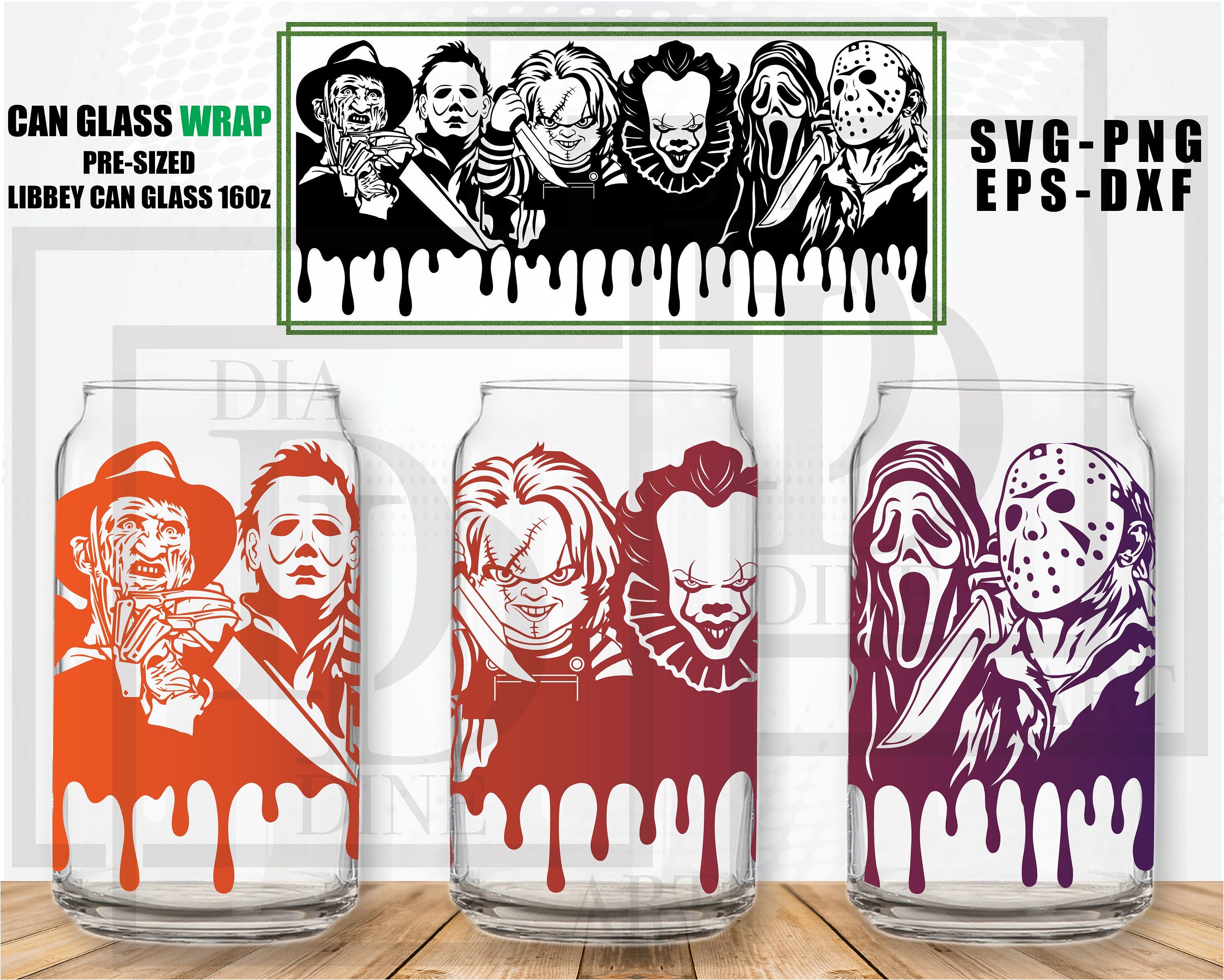 Horror Movie Libbey Can Glass 16 oz SVG, Halloween Can Glass svg, dxf, png, Files for Cricut, Silhouette