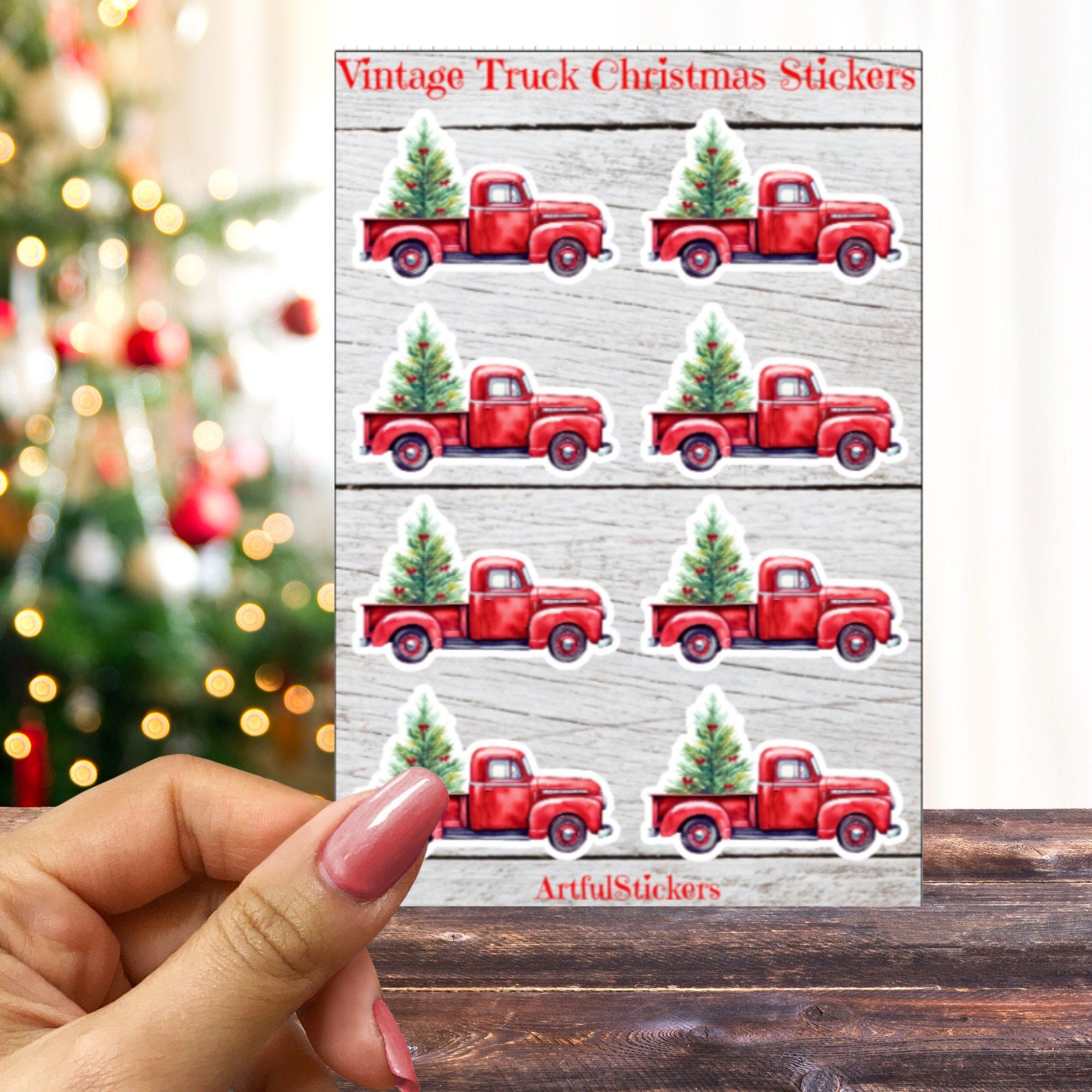 Old Red Truck Christmas Stickers - Sticker Pack of 8 Retro Trucks with Christmas Trees