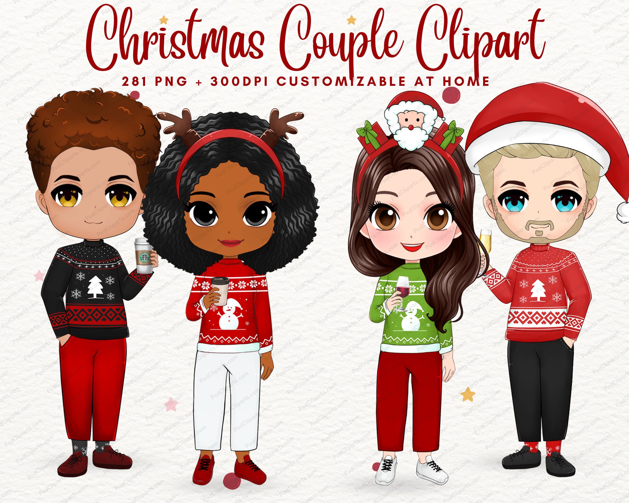 Cute Christmas Couple Chibi Clipart, Best Friends Clipart, Christmas BFF,Family Christmas,Merry Christmas,Xmas Clipart PNG-CA120