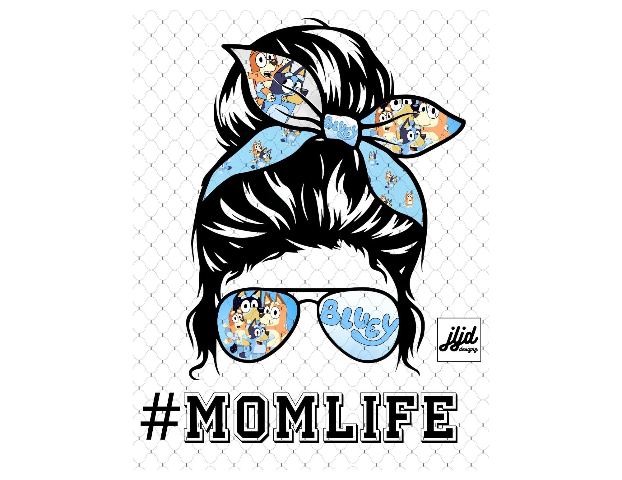 Bluey Bingo Momlife Sublimation or DTF ready to press transfer print Mom Era bun vinyl design kids tv show