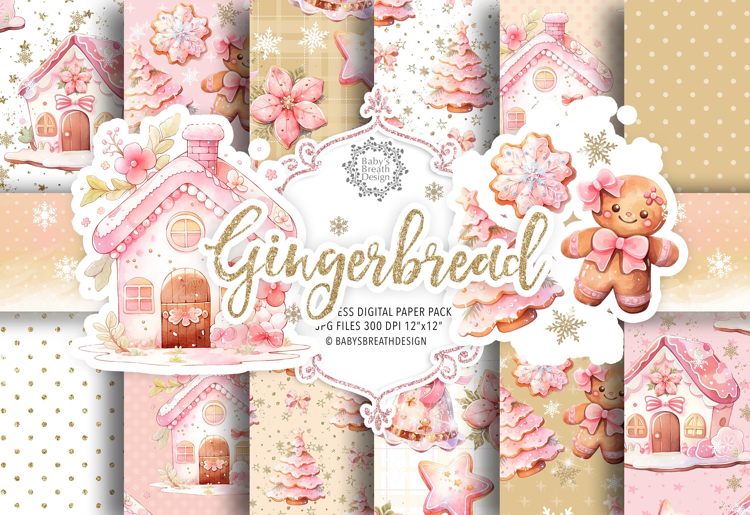 Watercolor Gingerbread cookie digital paper pack, Xmas clipart, Christmas pattern, holiday clipart, Santa Claus pattern, christmas tree