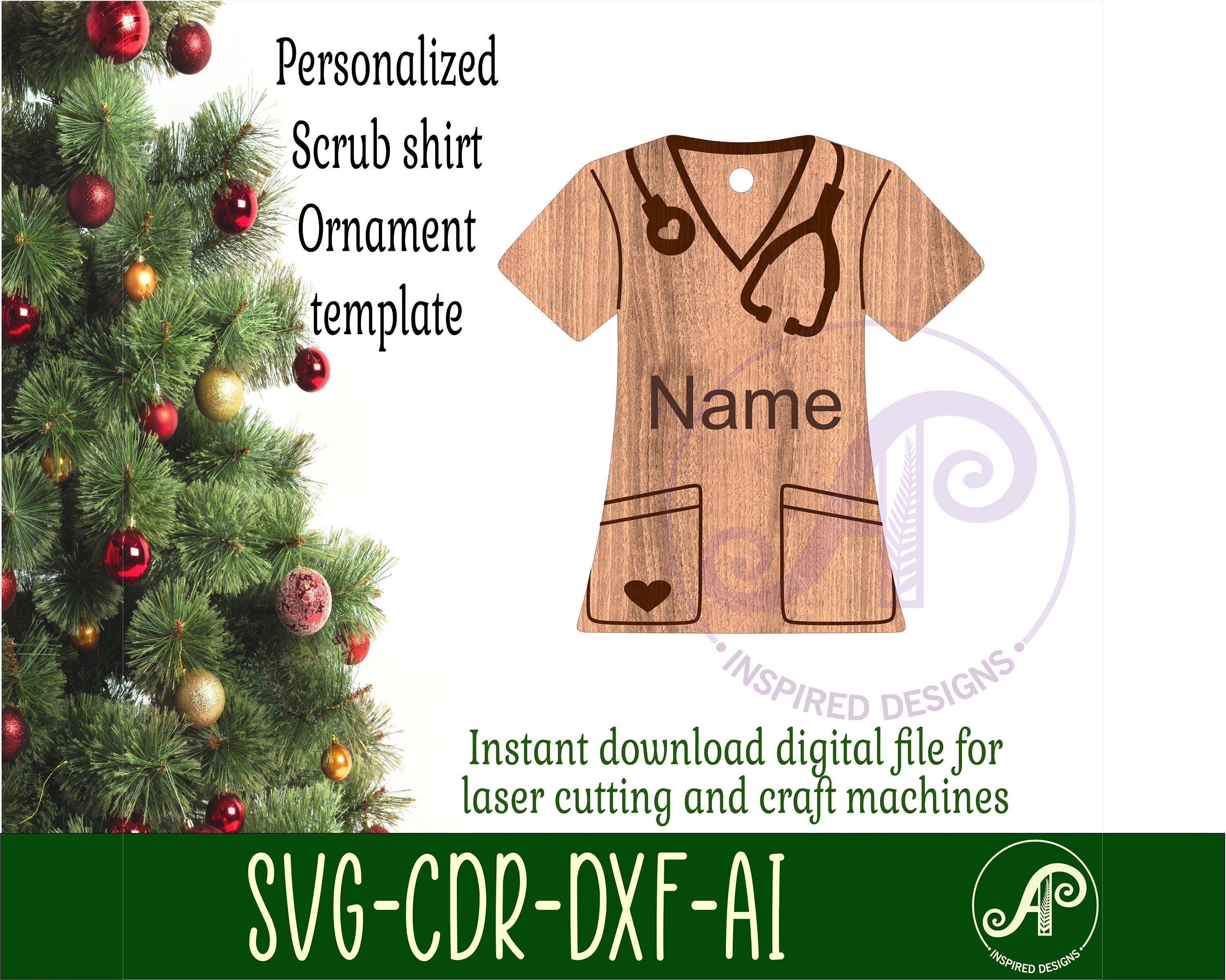 Scrub Christmas Ornaments SVG laser cut, instant download Pdf, Dxf, Ai and Cdr template.