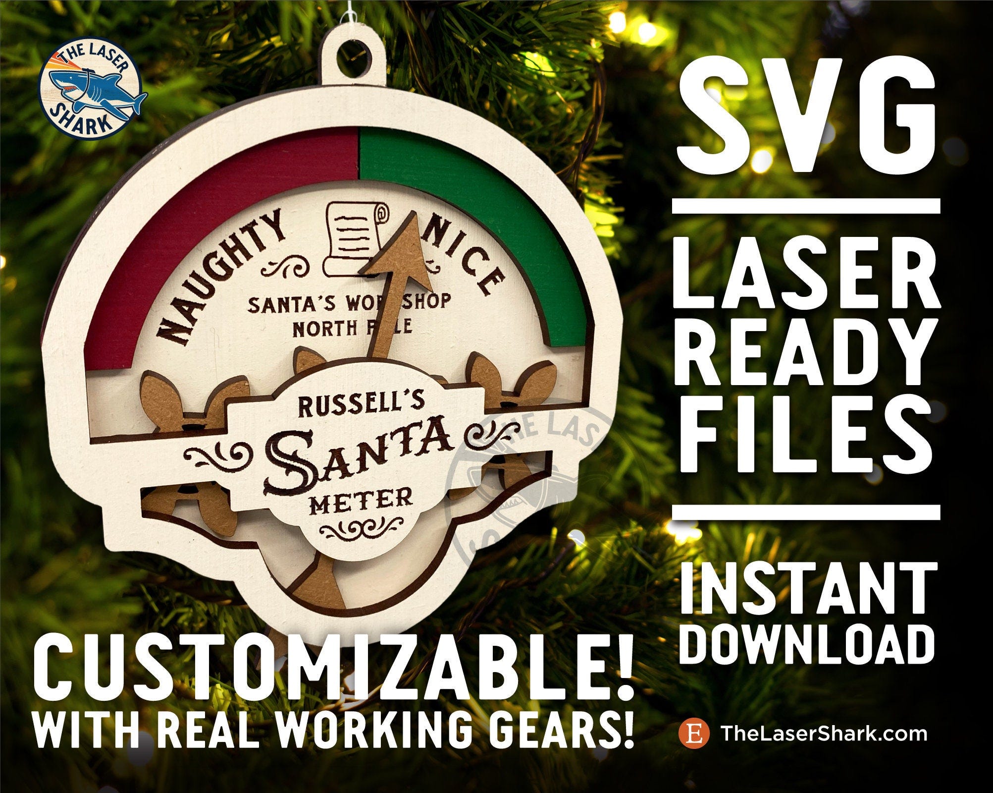 SANTA METER Ornament Customizable SVG -  Laser cut files for Glowforge Laser - Christmas Holidays Santa Naughty Nice List Ho Gears Gauge